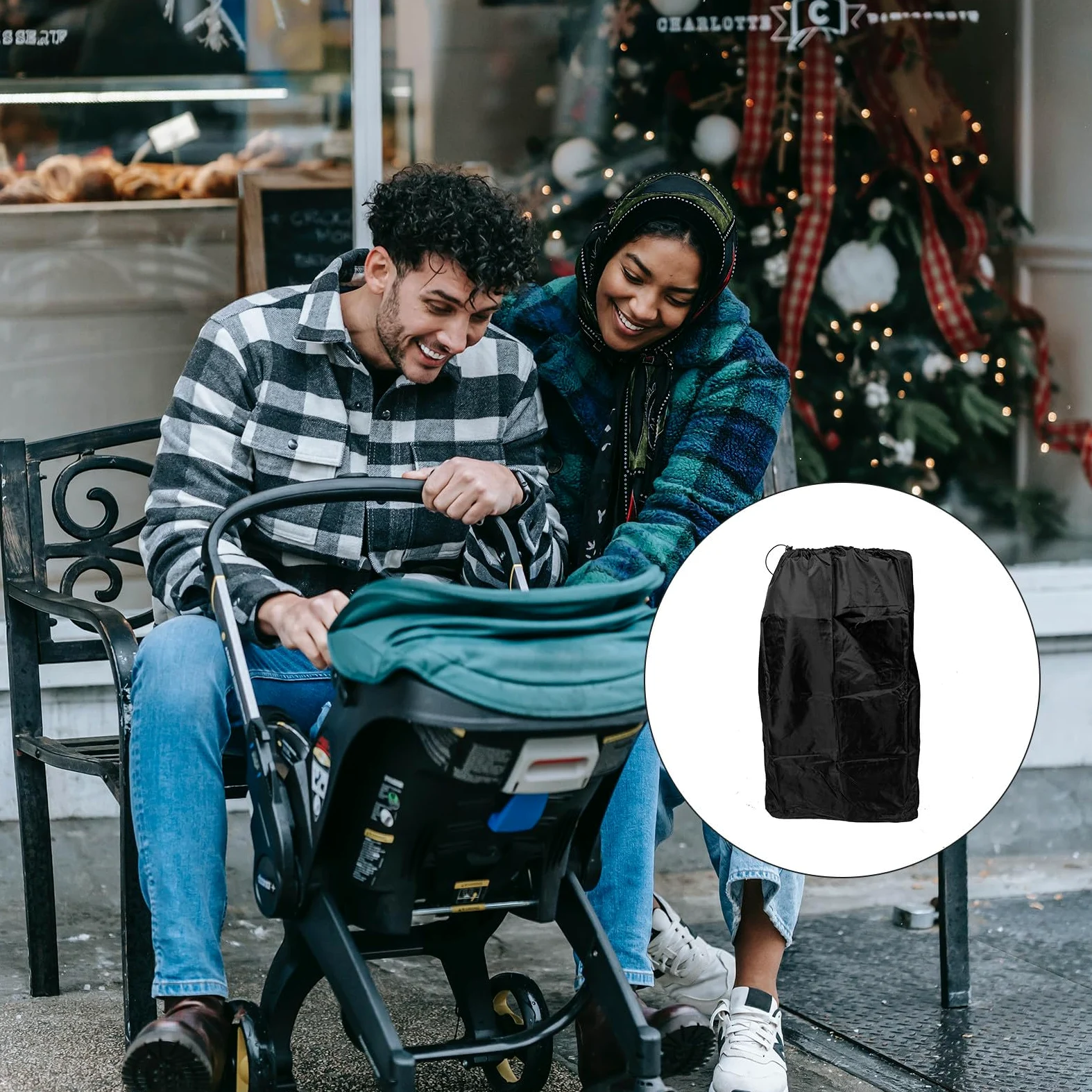 Borsa da Viaggio e Doppie Spalline in Nylon Nero per Passeggino Chiusura a Coulisse Bloccabile Comoda per Viaggio in Aereo e Check Gate