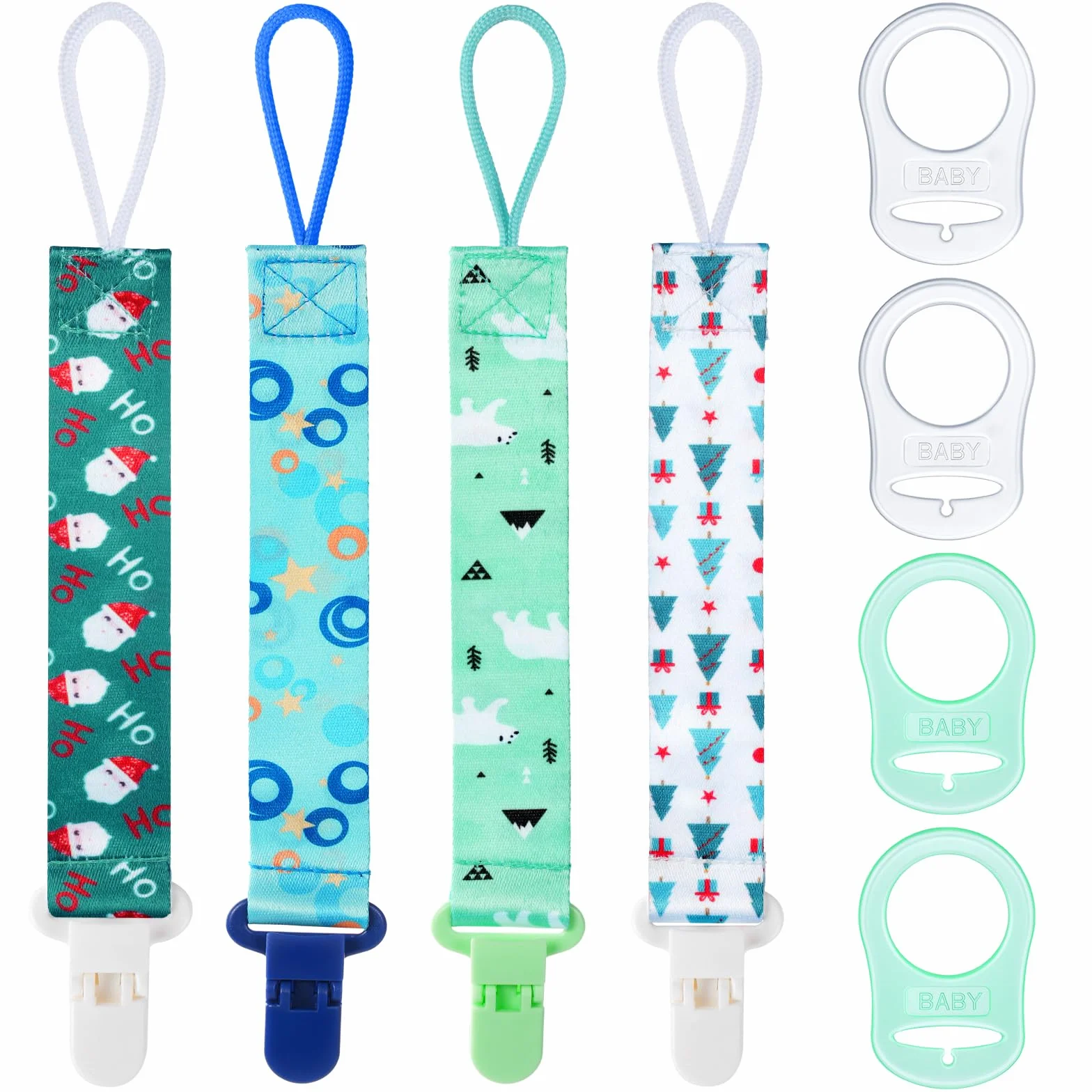 Aolso Ciuccio Catena per Bambini, 4 Pezzi Catenella Portaciuccio con 4 Pezzi Ciuccio Clip Adattatore, Catena per Ciuccio per Neonato per Nascita Battesimo Baby Compleanno Natale Regalo-Natale