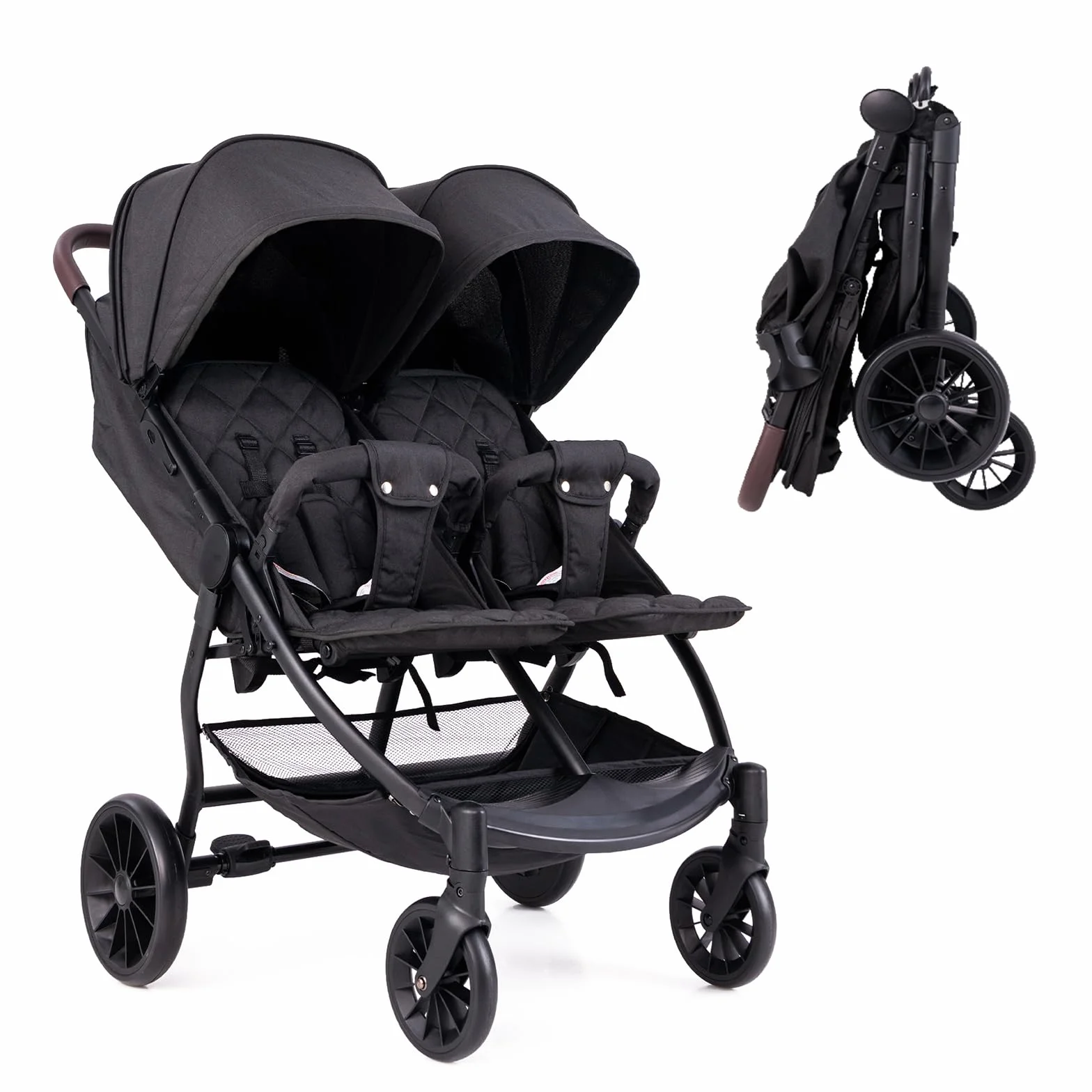 LIFEZEAL Passeggino gemellare, passeggino per gemelli pieghevole, passeggino doppio con schienale reclinabile in 3 posizioni, imbracatura a 5 punti, per bambini da 0 a 3 anni (grigio scuro)