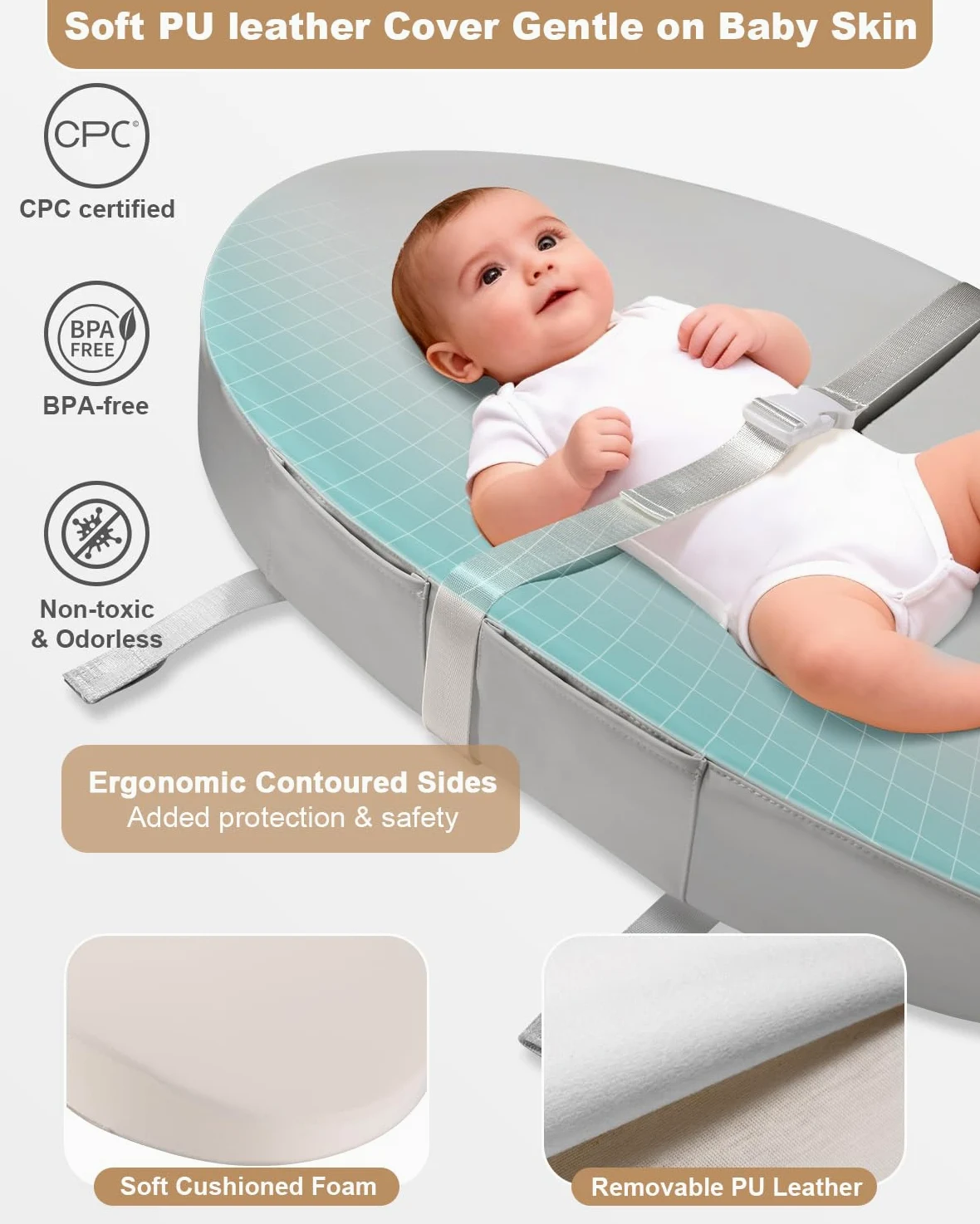 Fasciatoio con copertura in poliuretano lavabile e impermeabile, 80 x 40 x 10 cm, tappetino fasciatoio per comò con cintura di sicurezza anti-rotolamento e antiscivolo, portatile, leggero
