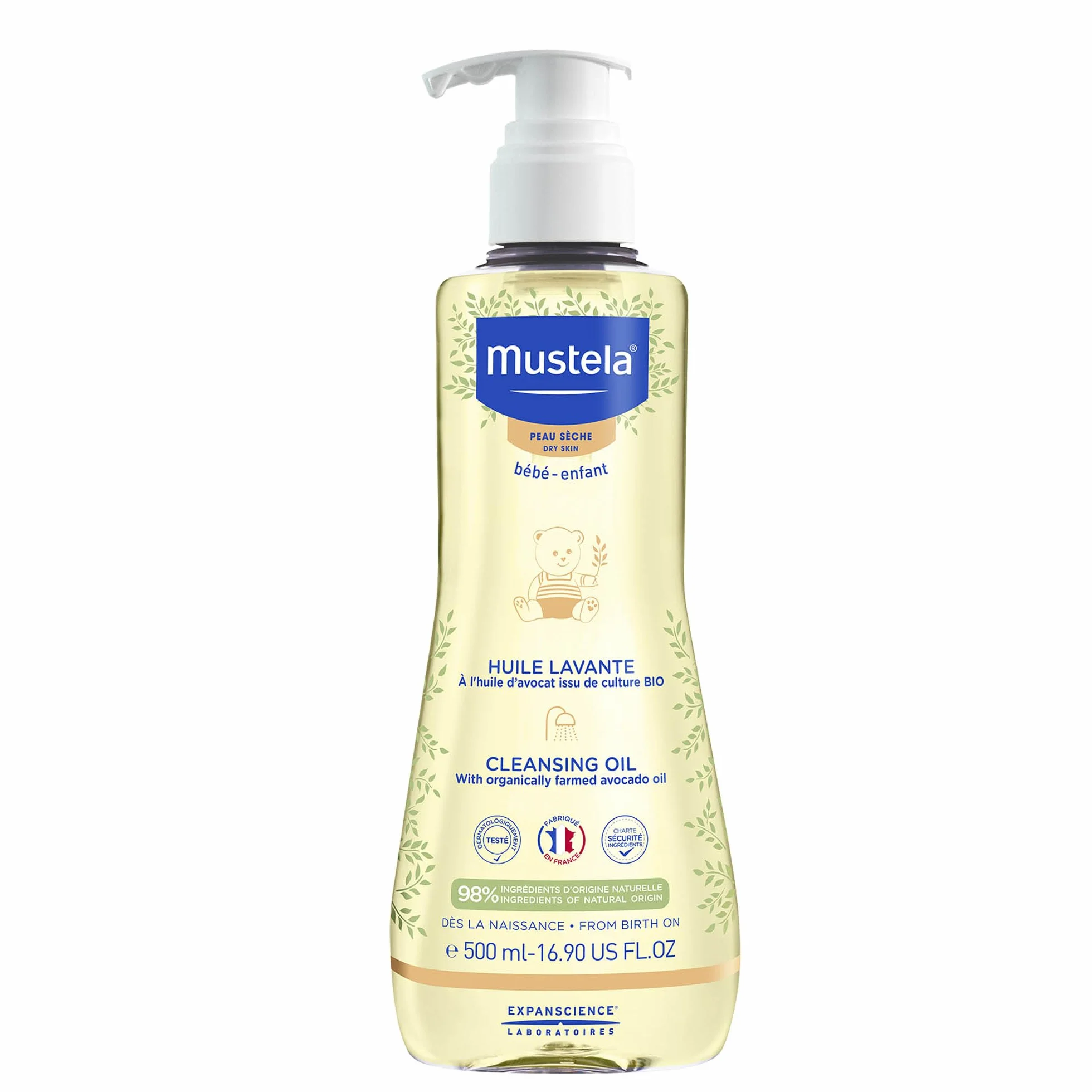 Mustela Olio Bagno Detergente con Perseose di Avocado BIO, Corpo e Capelli, Neonati e Tutta la Famiglia - Non Brucia agli Occhi, Specifico per Pelle Secca, 98% Ingredienti di Origine Naturale (500ml)