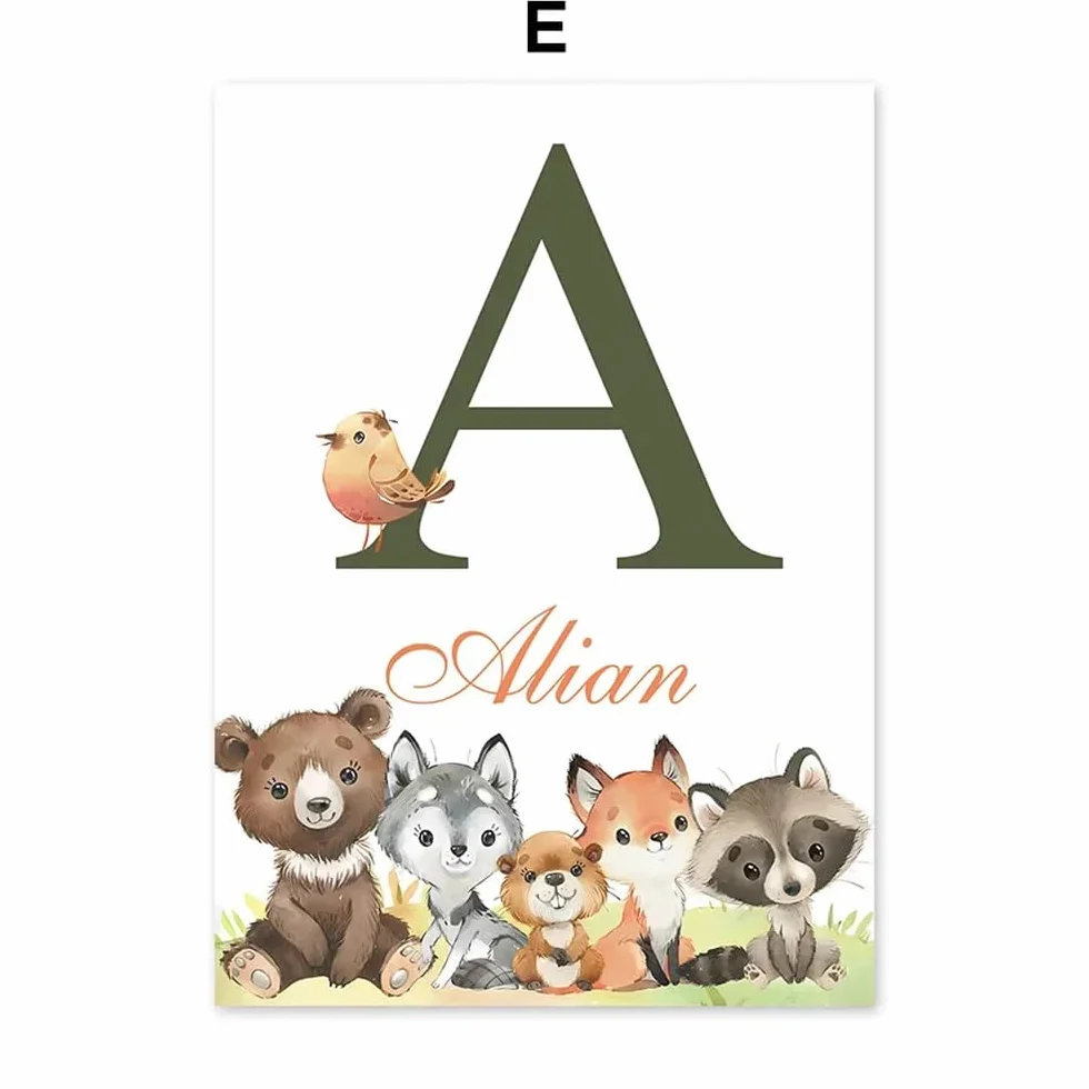 Youihom 6 Quadro Animali Bosco Quadretti Personalizzati Bimba Poster con Lettere del Nome Bambini Stampe Cameretta Neonato Volpe Orso Scoiattolo Cervo Marrone Verde Quadri Tela 21x30 senza Cornice