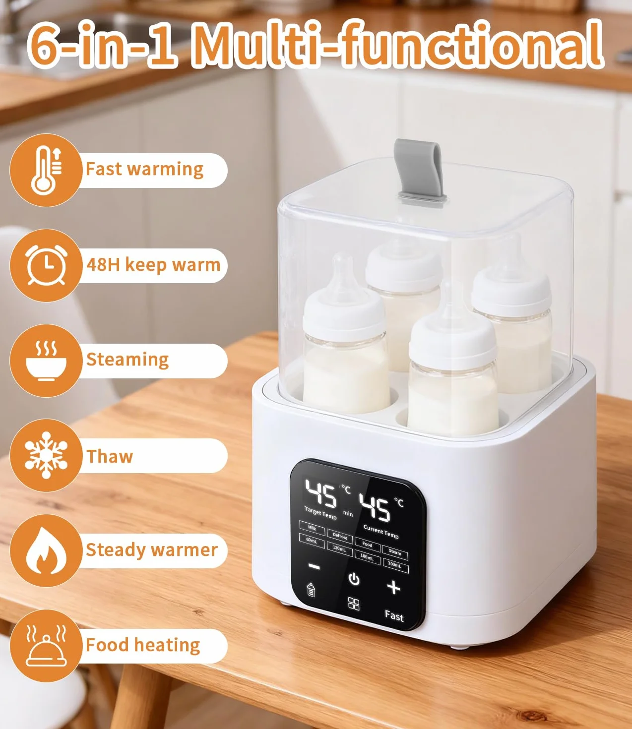 6 in 1 Scaldabiberon Scaldabaschette per Bambini,Sterilizzatore per Biberon, conservazione del calore per 48 ore, touch screen a LED, telecomando, può riscaldare 4 bottiglie contemporaneamente