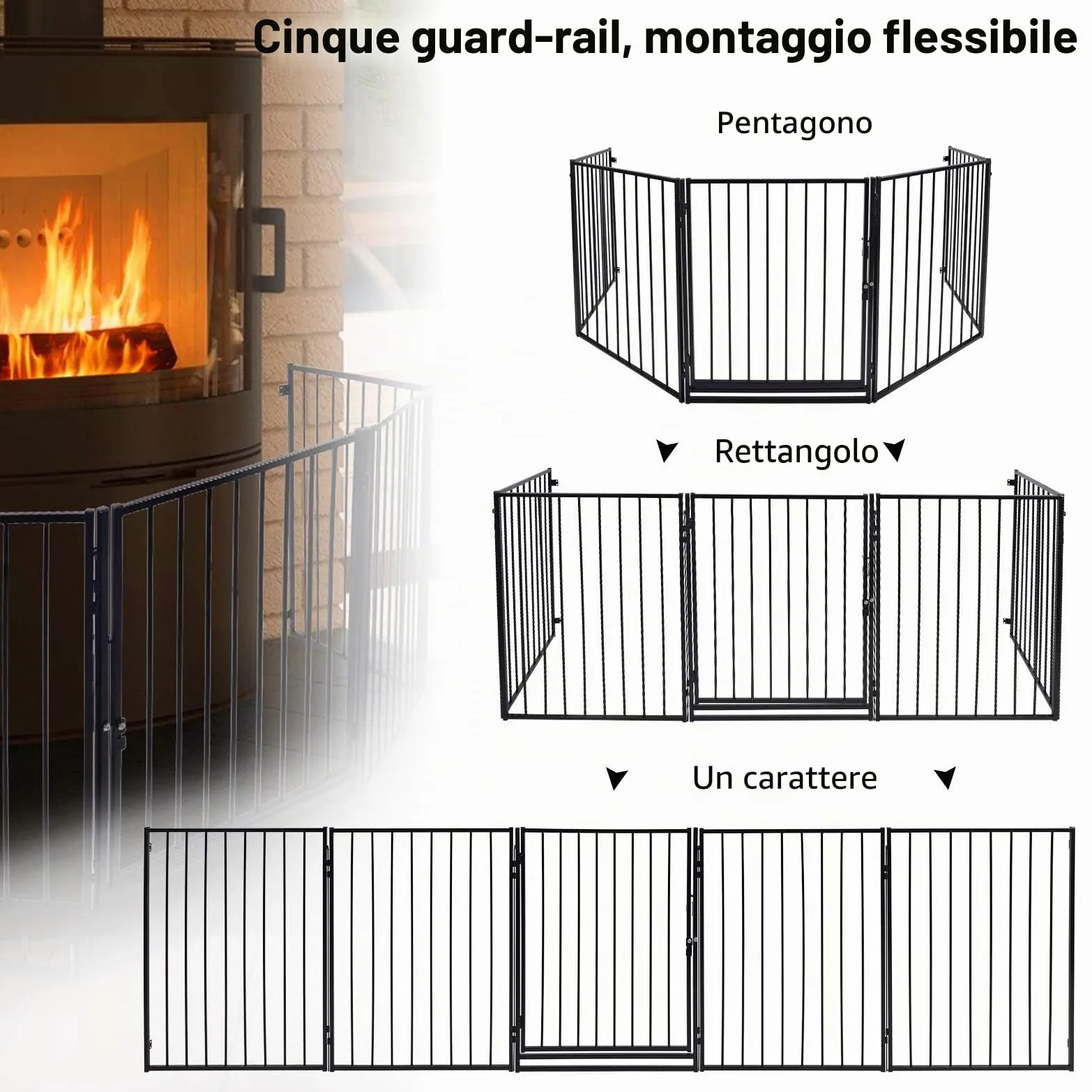 YRHome 5-TLG - Griglia di protezione per camino, per bambini, con porta, per cuccioli, 305 cm, colore: Nero