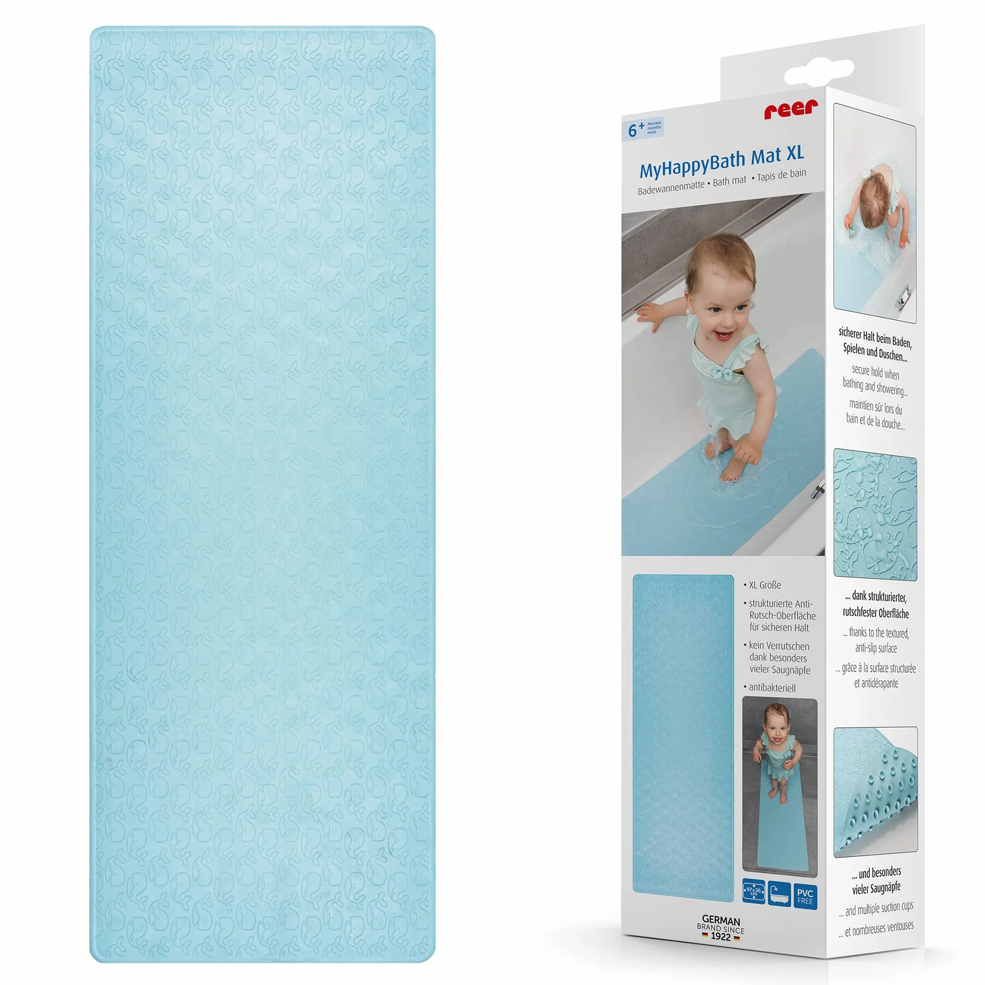 reer MyHappyBath Mat XL - Tappetino da bagno per bambini, superficie antiscivolo con motivo di bosco, 97 x 36 cm