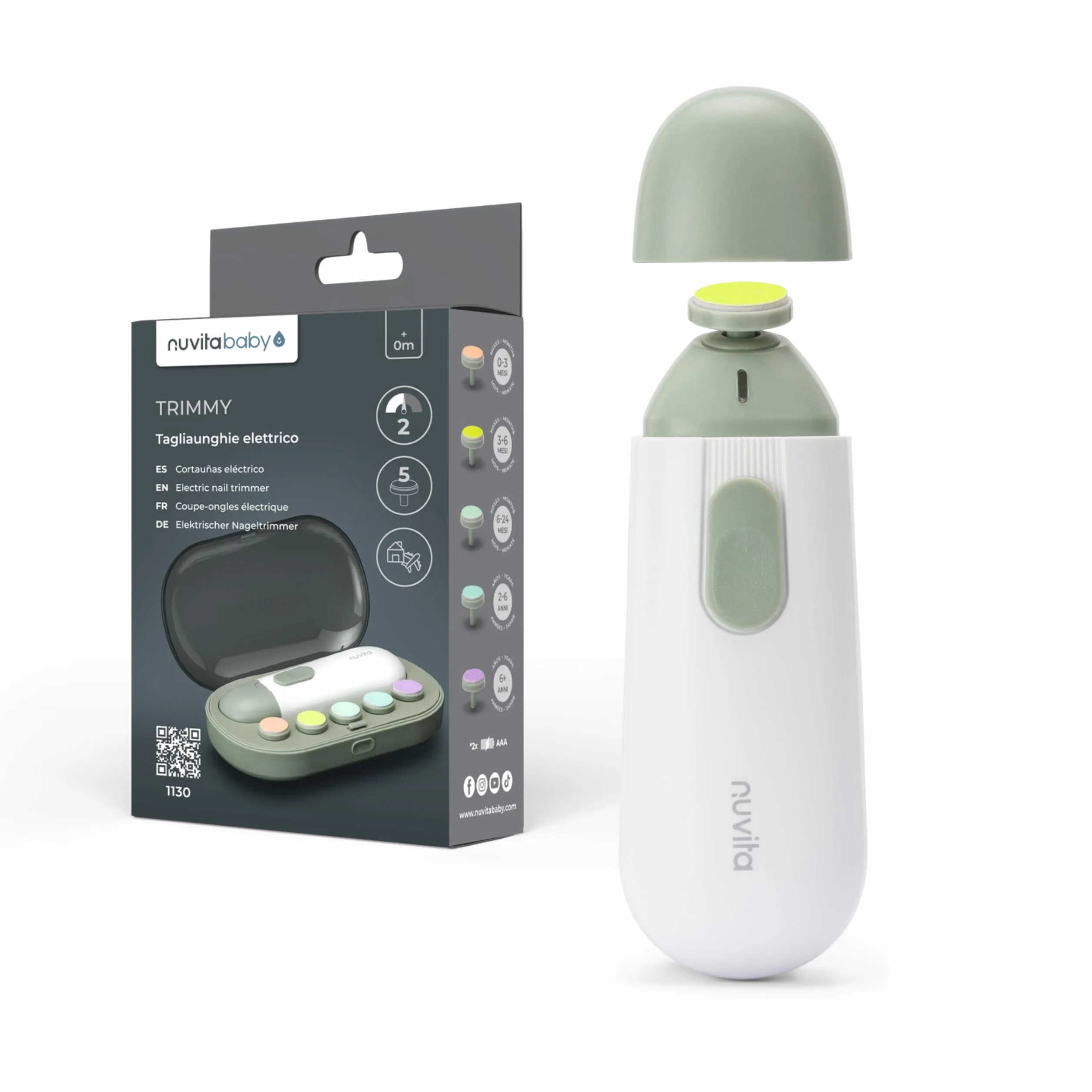 Nuvita 1130 Tagliaunghie Trimmy Lima Elettrica per Unghie di Neonati e Bambini – Sicuro, Delicato e Facile da Usare con Doppia Velocità, Include 5 Testine per Limatura e Custodia da Viaggio