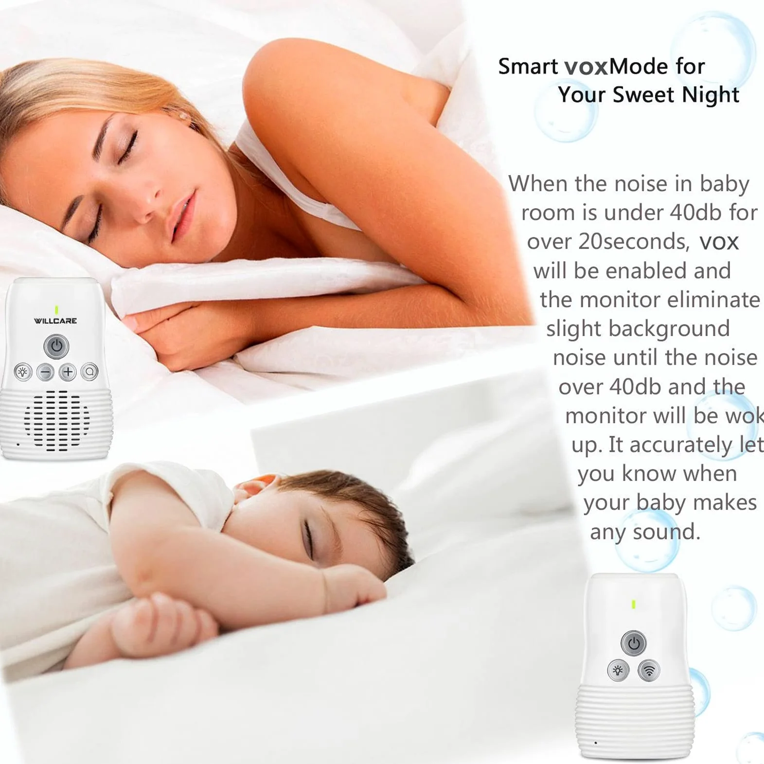 Baby Monitor Audio, unità Genitore Portatile a 2,4 GHz Citofono Bidirezionale Intelligente, con Luce Notturna Monitor per la Cura del Bambino, Connessione e Privata(EU)