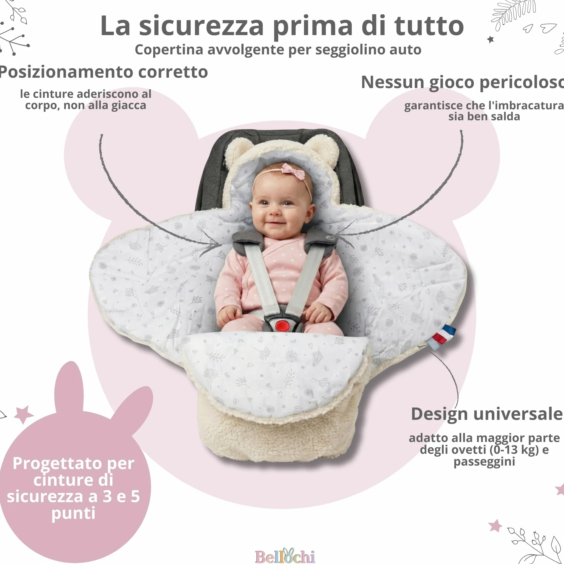 Bellochi Coperta per Ovetto e Passeggino, Bianca, 90 x 90 cm, per Seggiolino Auto, Morbida in Cotone Oeko-TEX, Invernale per Bambini