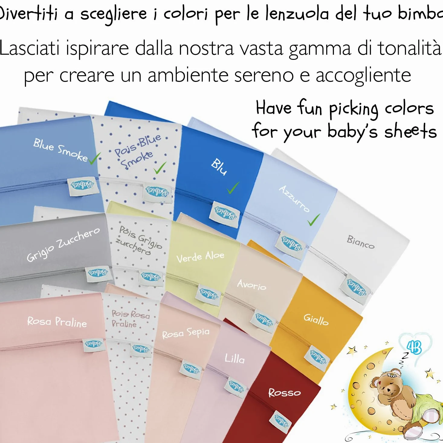 4BABIES - Set 4 Lenzuola Lettino Neonato 60x120 - Lenzuolo con Angoli per Culla in Cotone 100% Morbido Traspirante - Made in Italy OEKO-TEX - Pois Blue, Smoke Blue, Azzurro e Blu