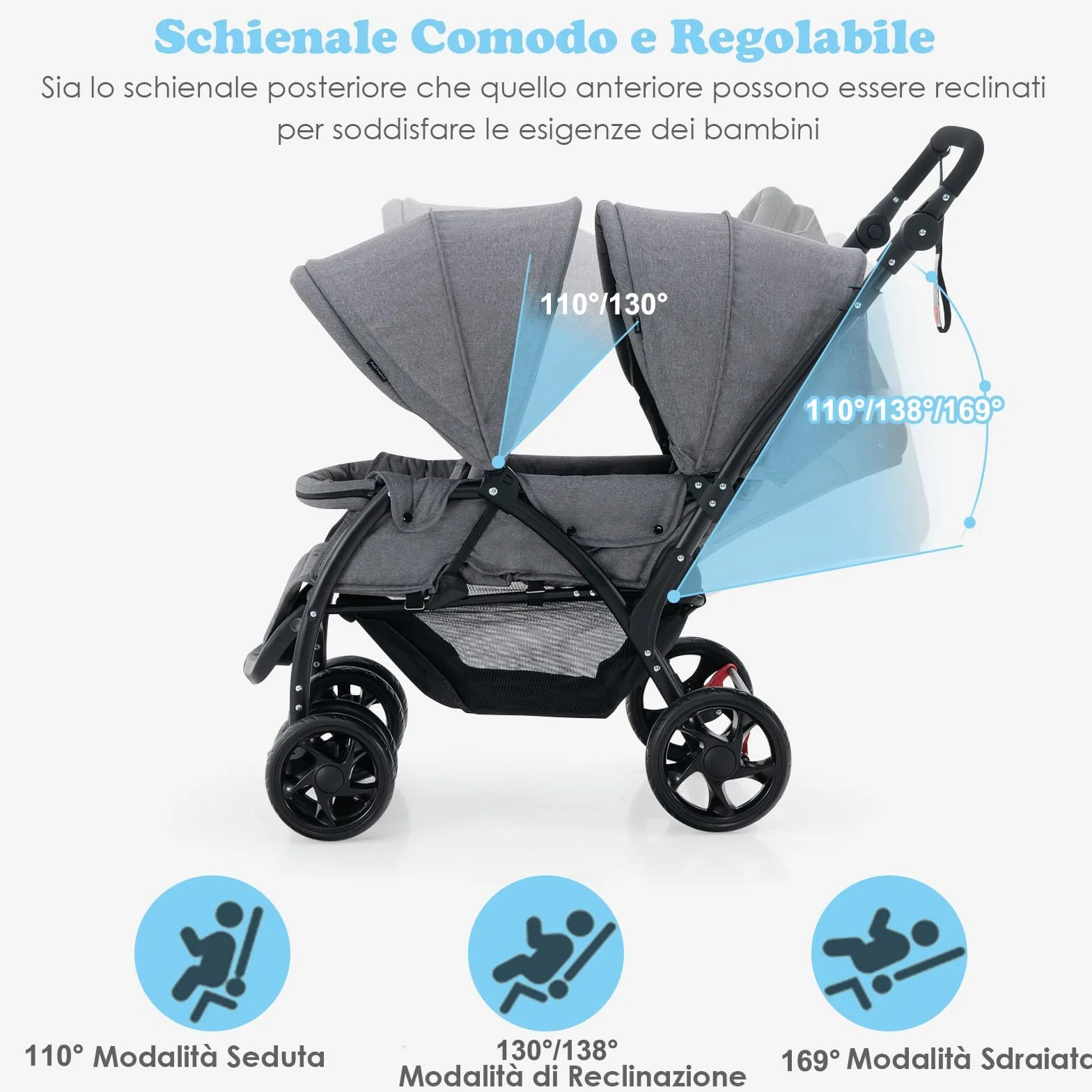 RELAX4LIFE Passeggino Pieghevole Gemellare con Ruote Universali, 2 Cintura di Sicurezza a 5 Punti, 2 Tettoie Regolabili, Maniglia Regolabile per Neonati 0-36 Mesi (GRIGIO)