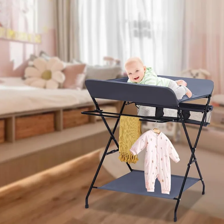 Fasciatoio Pieghevole per Bagnetto Neonati Fasciatoio Portatile Cambio Pannolini con Tasche a Rete e Scomparti Portaoggetti Fasciatoio per Bambini (80 * 57 * 96cm-Grigio)