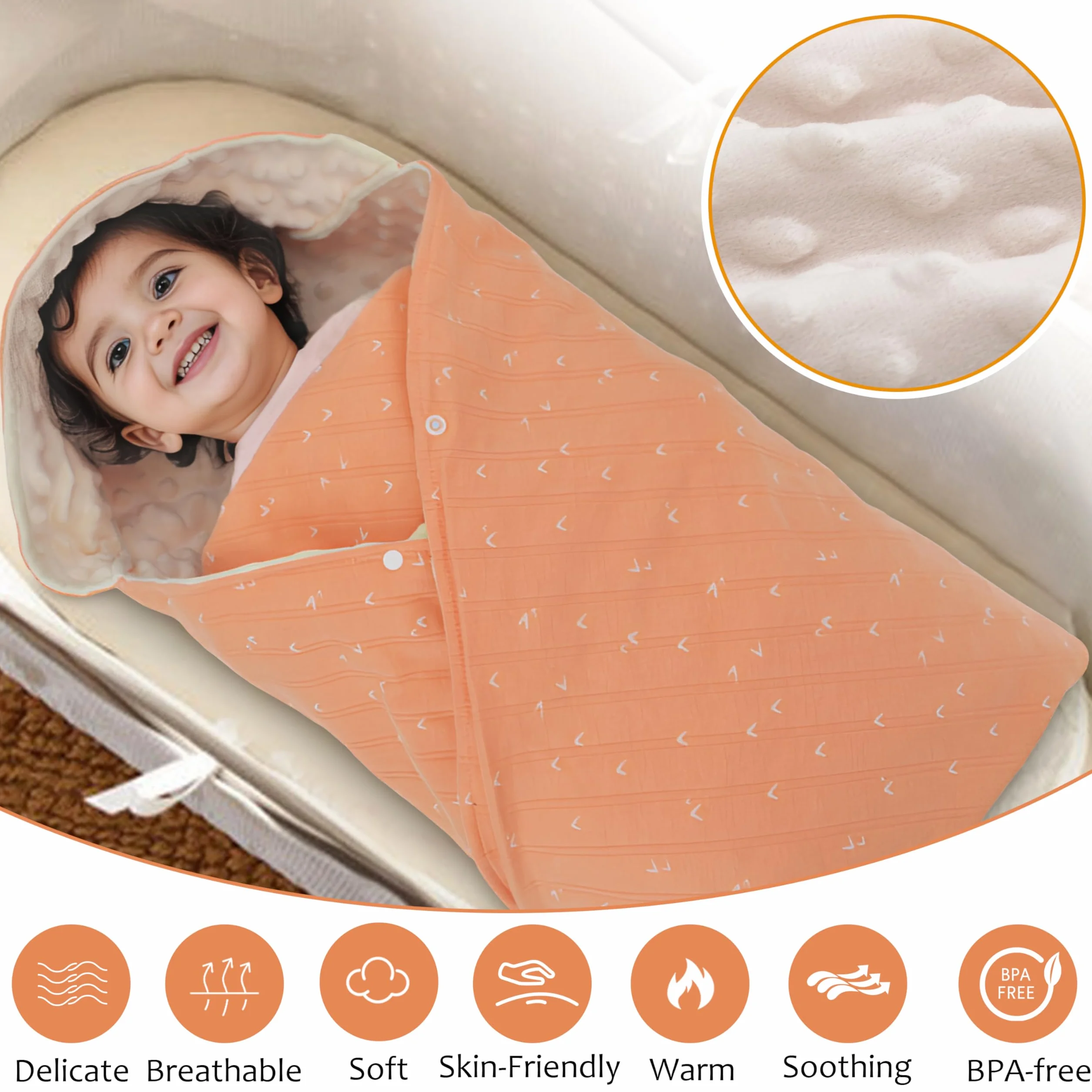 Coperta Avvolgente in 100% Cotone, 90*90cm Bifacciale Multifunzionale Copertina Accogliente con Cappuccio, Morbida Trapunta per Tutte le Stagioni, Adatto a Passeggino, Seggiolino, Unisex, Arancione