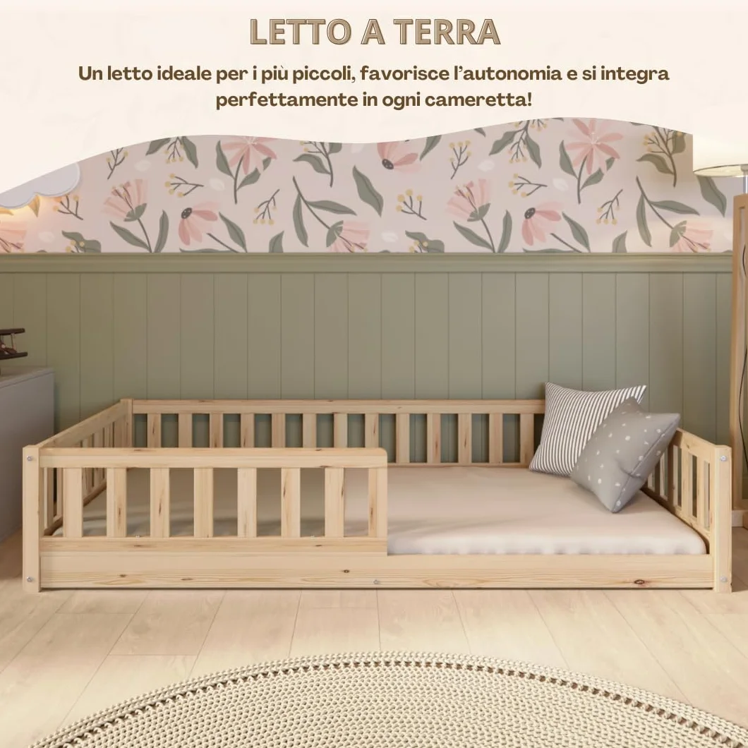 Letto per Bambini 190x90 cm – Letto Montessori a Pavimento in Legno Massiccio con Barriera – Sicuro per Bambini Piccoli – Design Scandinavo - Crazy Basic