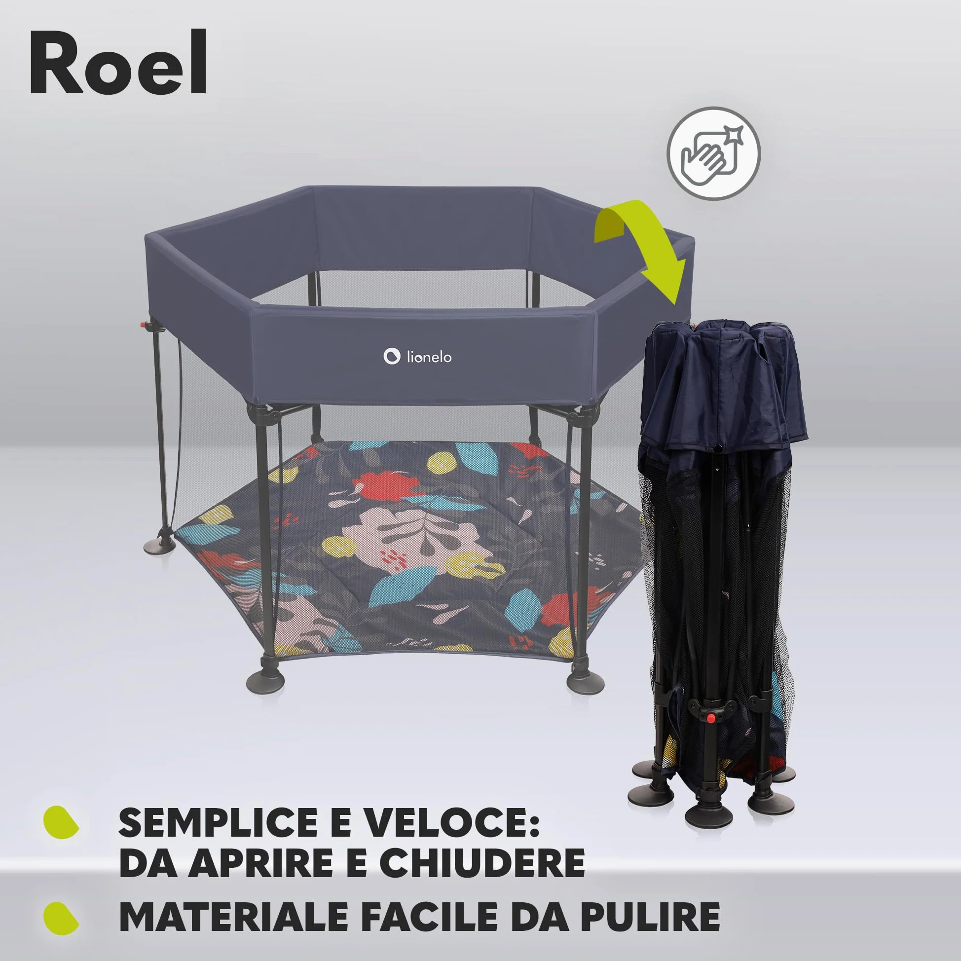 LIONELO Roel box bambini da 6 mesi fino a 15kg forma esagonale grandi dimensioni 135 x 118 x 83 cm Blocco di piegatura LockGuard, le pareti trasparenti, Gambe antiscivolo, Piegatura facile, Borsa