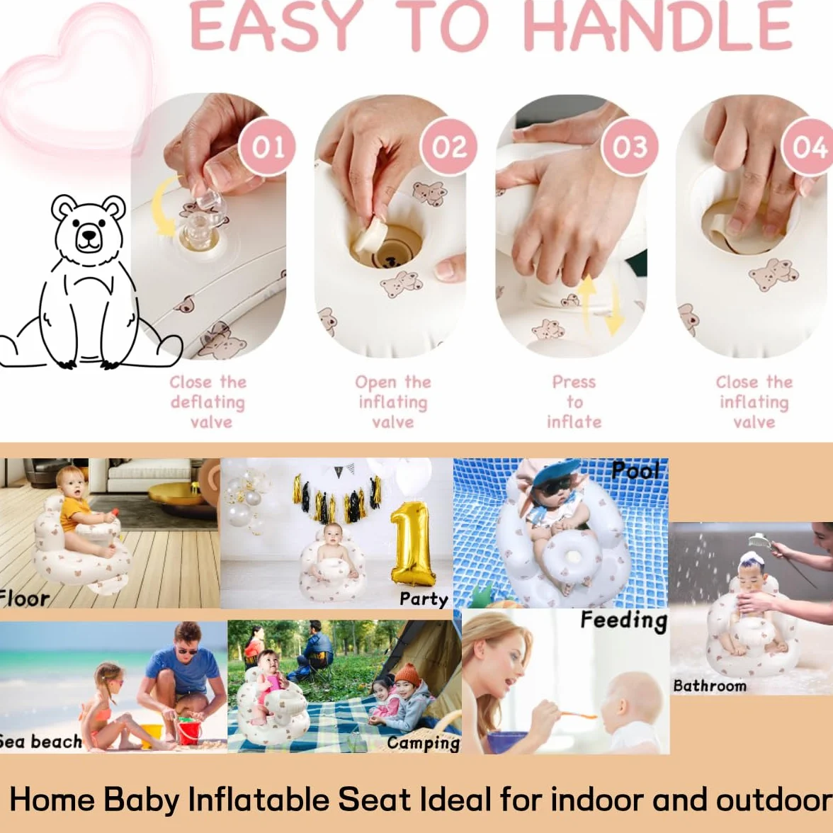 Seggiolino gonfiabile per bambini da 4 a 24 mesi con pompa ad aria integrata, supporto per la schiena per bambini, sedia per sedersi, sedia per baby shower, sedile (Orso)