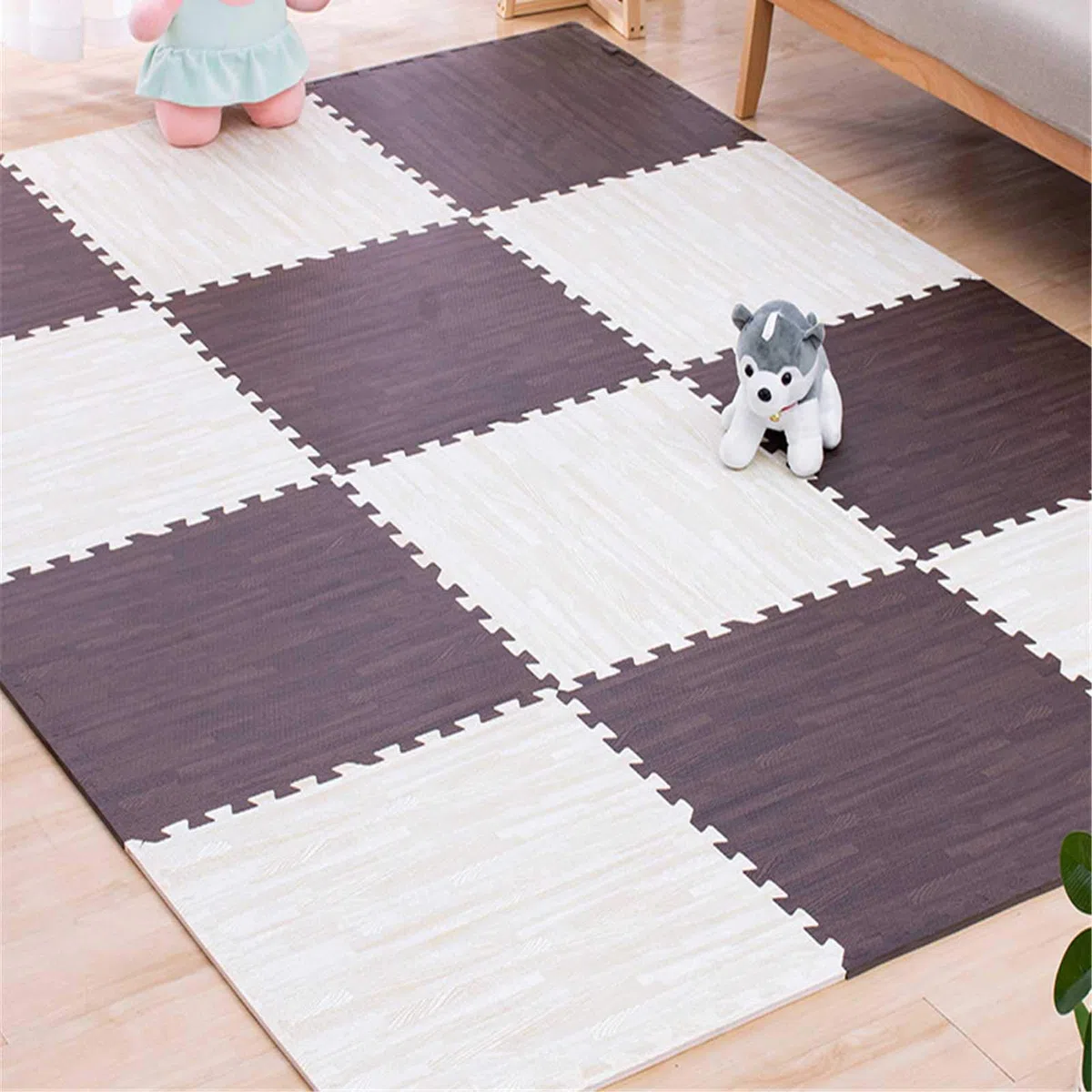 Tappetino da Gioco per Bambini in Schiuma Ad Incastro, Tappetini Puzzle in Schiuma Eva - Protezione del Pavimento, per Esercizi in Garage Sala Giochi per Yoga,White+Dark Brown,40
