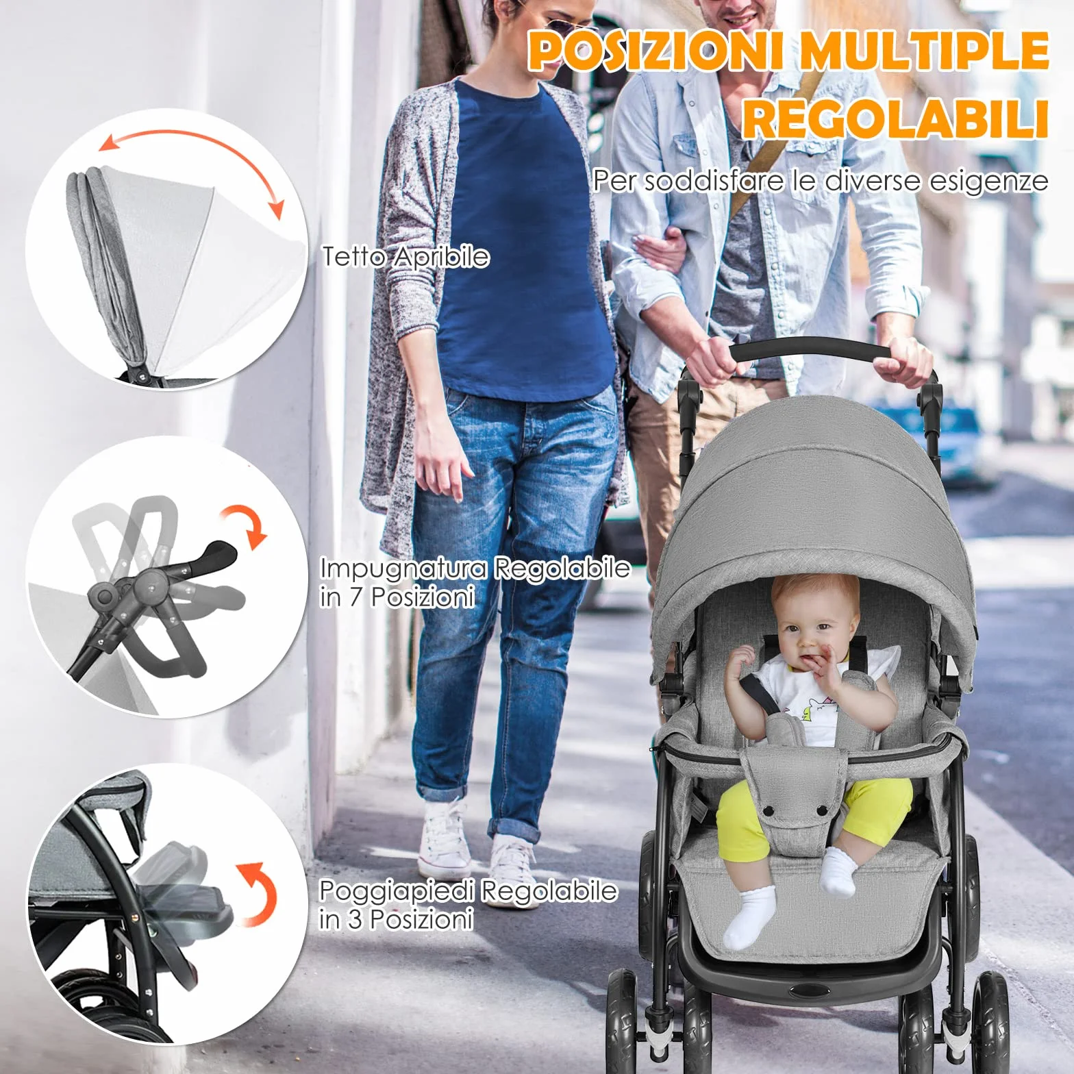 RELAX4LIFE Passeggino Pieghevole Gemellare con Ruote Universali, 2 Cintura di Sicurezza a 5 Punti, 2 Tettoie Regolabili, Maniglia Regolabile per Neonati 0-36 Mesi (GRIGIO)
