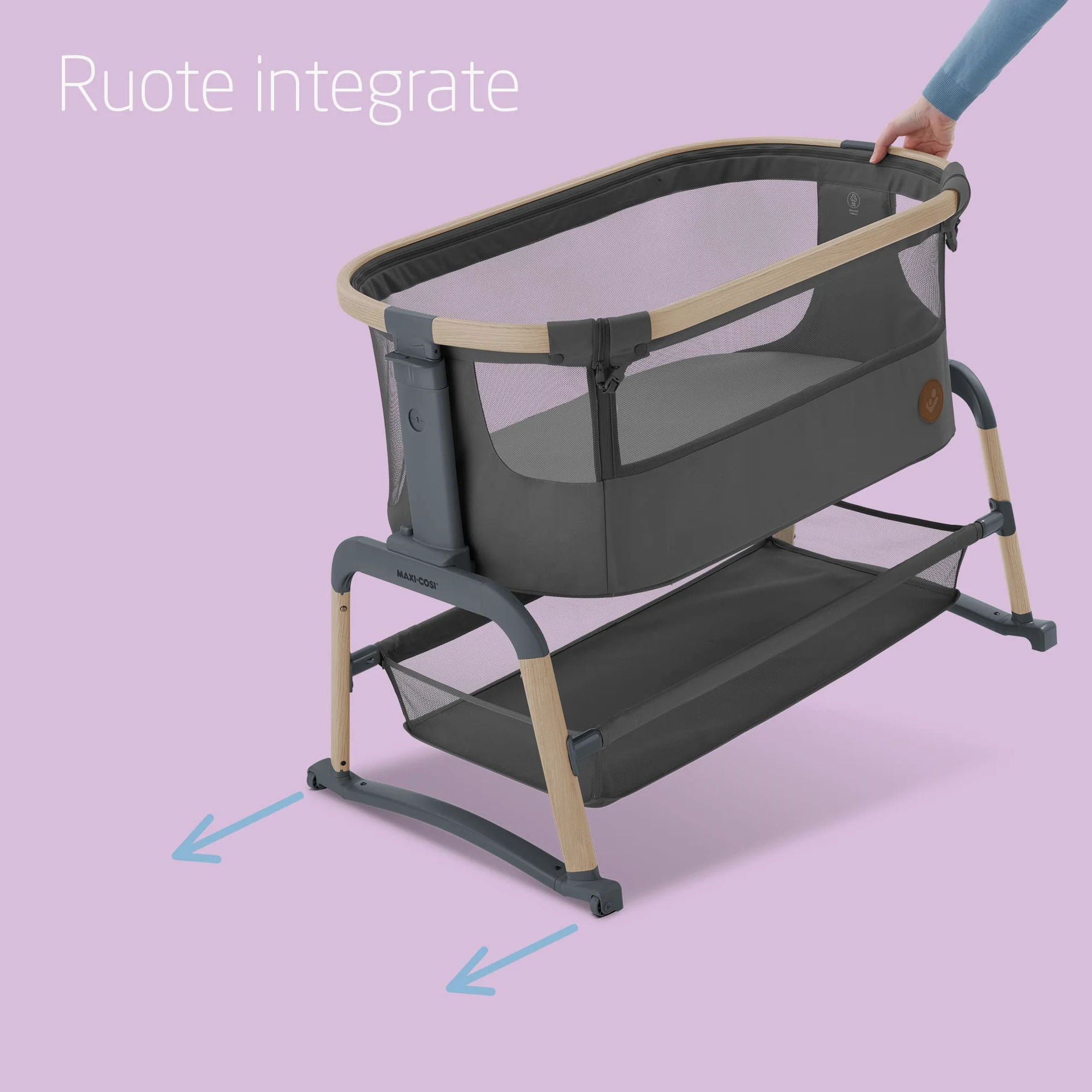Maxi-Cosi Iora Air Lettino neonato, co-sleeping con materasso imbottito, funzione dondolo, regolabile in altezza, reclinabile,tessuti riciclati ecologici e traspiranti, 0-9 kg, Beyond Graphite