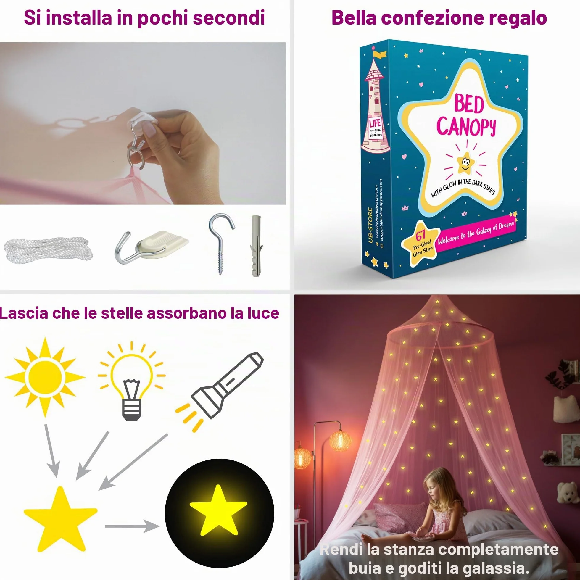 Rosa Baldacchino per letto da ragazze con bagliori pre-incollati nelle stelle scure - Zanzariera con decorazioni per camera Princess - Tenda per camerette per bambini con Luci della Galassia