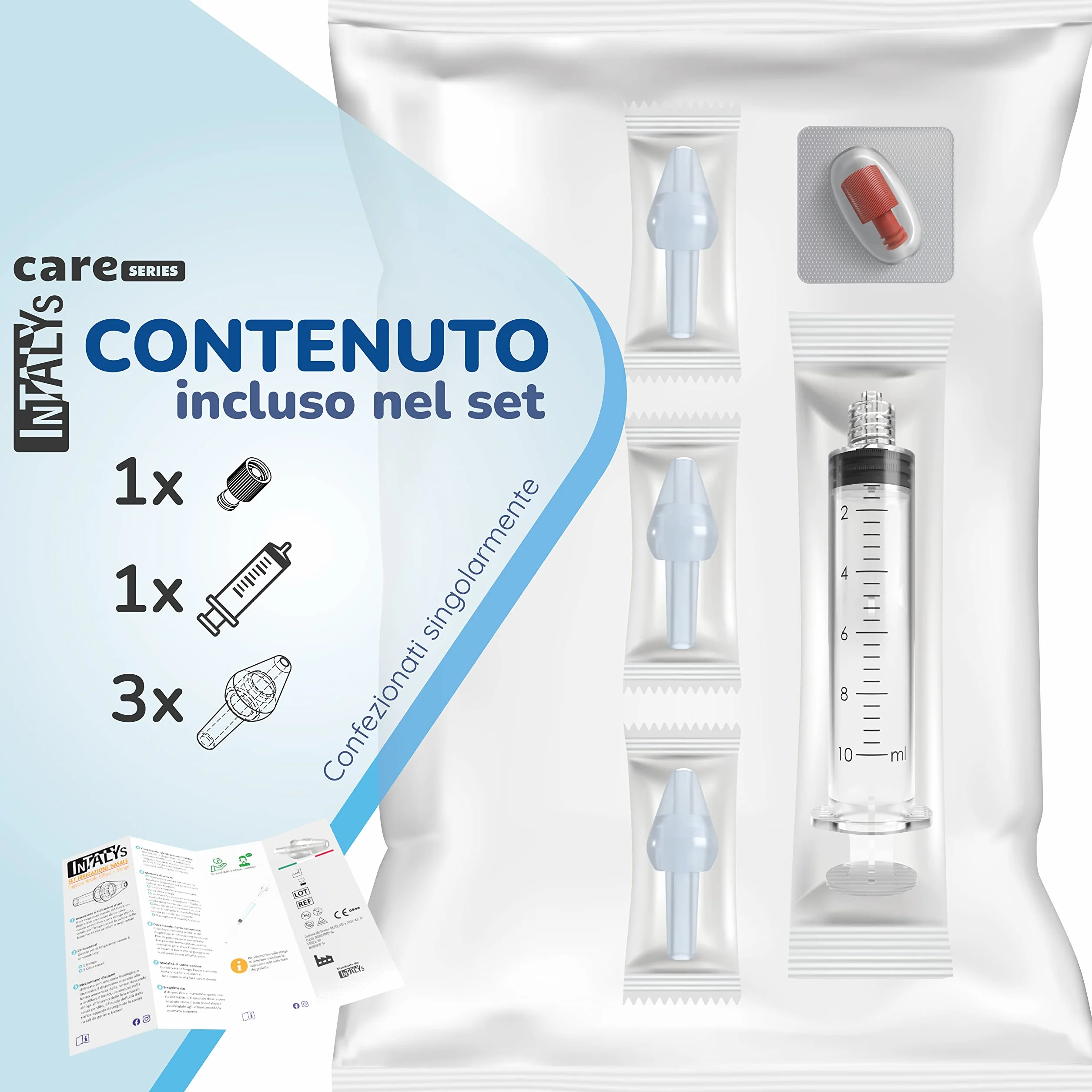 Rino Set Lavaggio Nasale Bambini e Adulti, Kit Pulizia Naso Made in Italy con Siringa e Irrigatore per Soluzione Fisiologica (1 Siringa, 3 Olive)