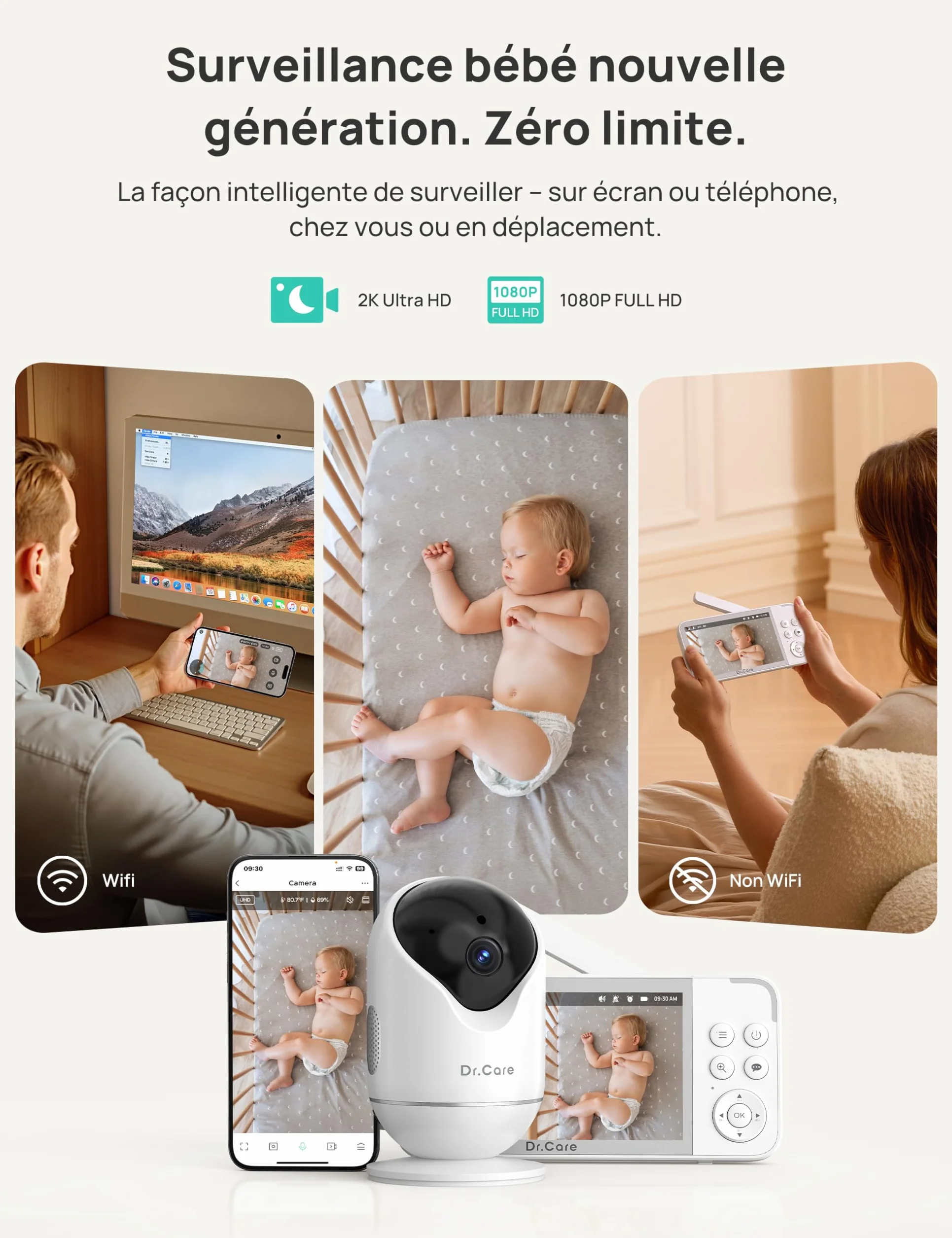 Dr.Care VistaView Baby Monitor Video e Audio con 2 Fotocamere Smart WiFi, 5”1080P Schermo Diviso, Telecamera 2K/3MP, Batteria 5000mAh, Visione Notturna, Allarmi Pianto, Sicurezza Tripla, Portata 390m