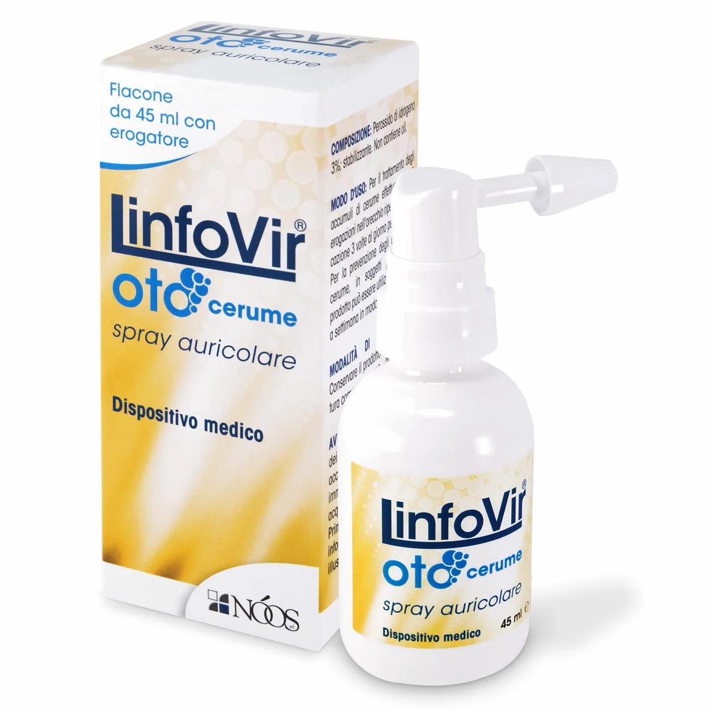 NÓOS Linfovir Oto Cerume Spray Pulizia Orecchie Adulti e Bambini 45ml, Spray Auricolare con Perossido di Idrogeno Senza Oli, Rimuovi Cerume Orecchie, Formula per Rimuovere Tappi e Grumi