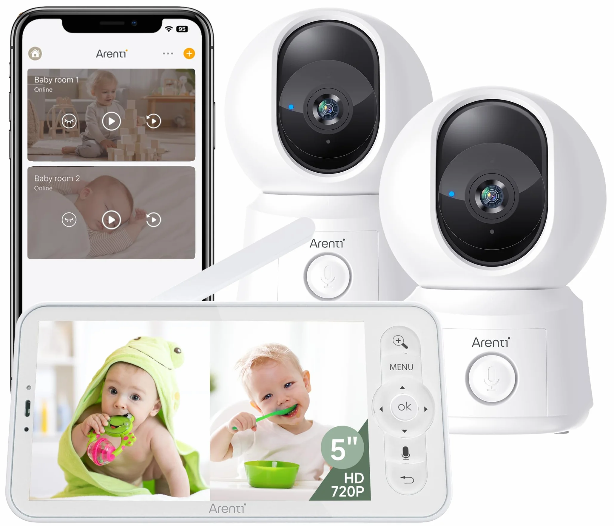 ARENTI Baby Monitor con 2 Telecamere Wifi, Telecamera Bambini con Monitor 5'', Rilevamento Intelligente, Audio Bidirezionale, Promemoria di Allattamento, Sensore di Temperatura