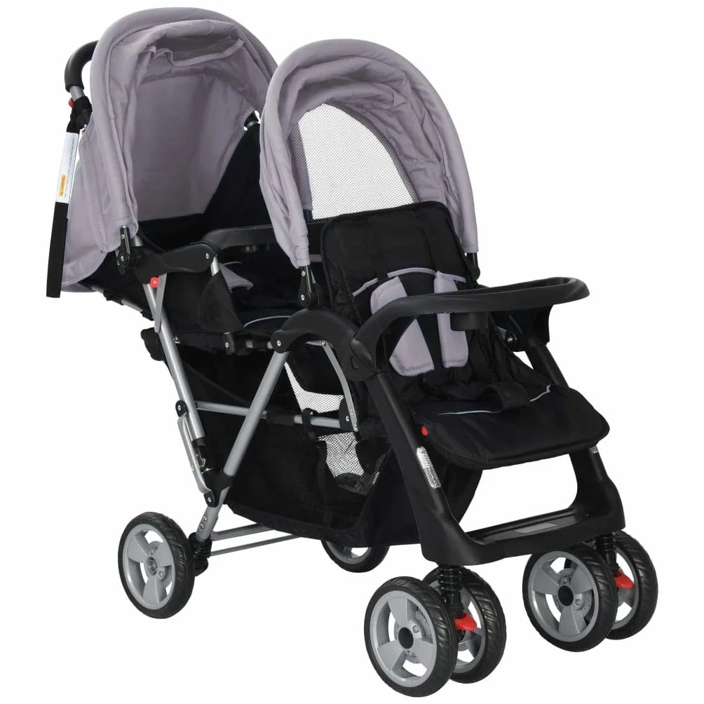 Kavolet Passeggino gemello, gemello, passeggino tandem per 2 bambini, passeggino da viaggio, passeggino 2 in 1, grigio e nero, 122,5 x 53,5 x 111 cm, in acciaio