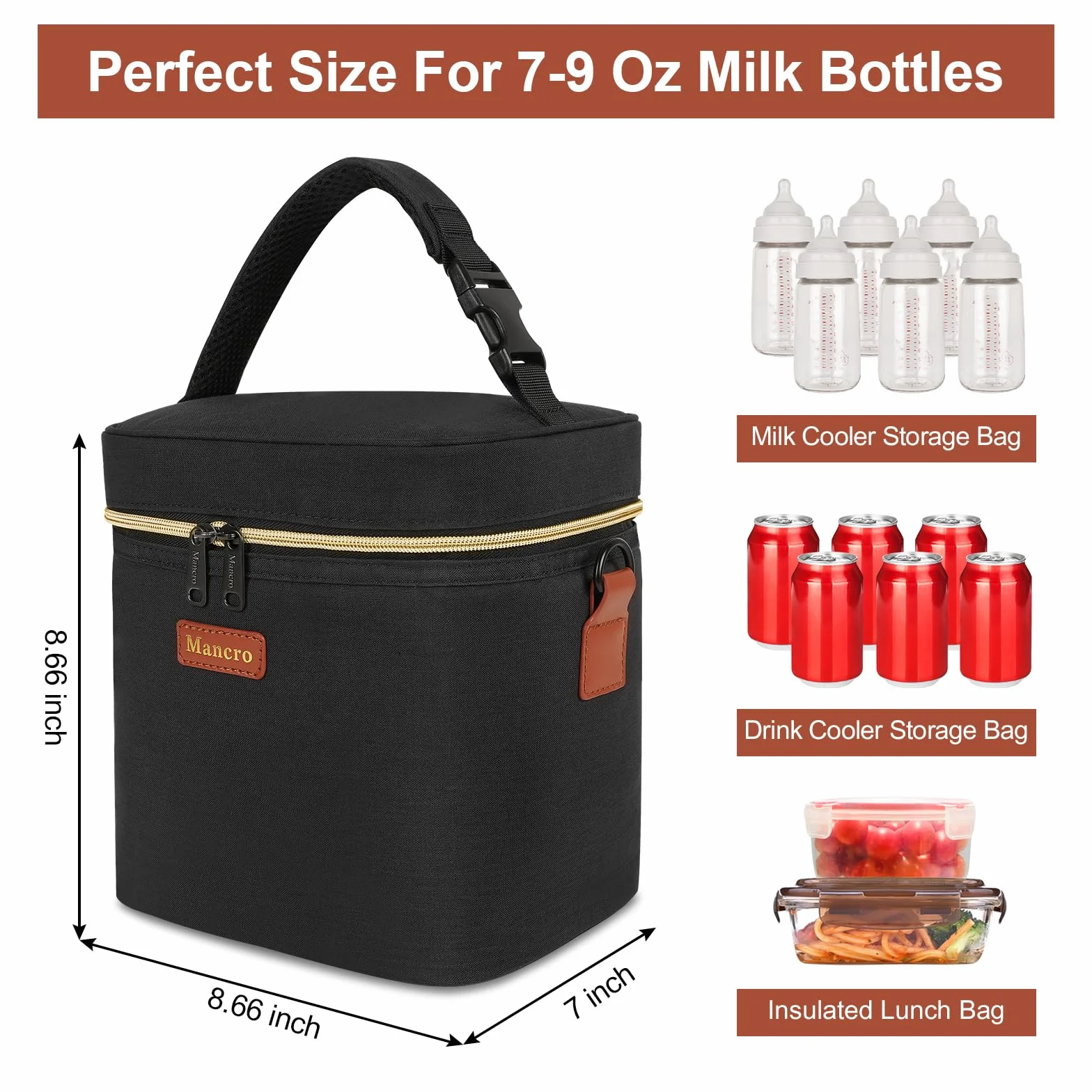 Mancro Borsa Termica Biberon per Latte Materno con Mattonelle Ghiaccio e Tracolla, Borsa Isotermica per Bottiglie Adatto a 6 Biberon, Piccola Borsa Termica Porta Pranzo per Picnic Frutta Mamma, Nero