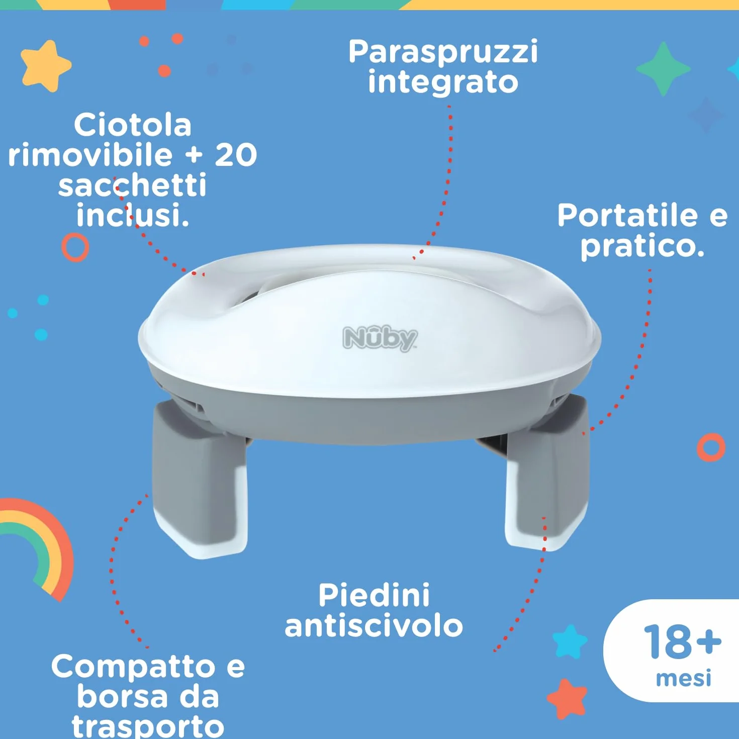 Nuby - Vasino portatile per bambini da viaggio - Wc portatile 2 in 1 Riduttore wc bambini o uso in autonomia - Con protezione paraschizzi e sacchetti usa e getta - Per imparare a usare il bagno