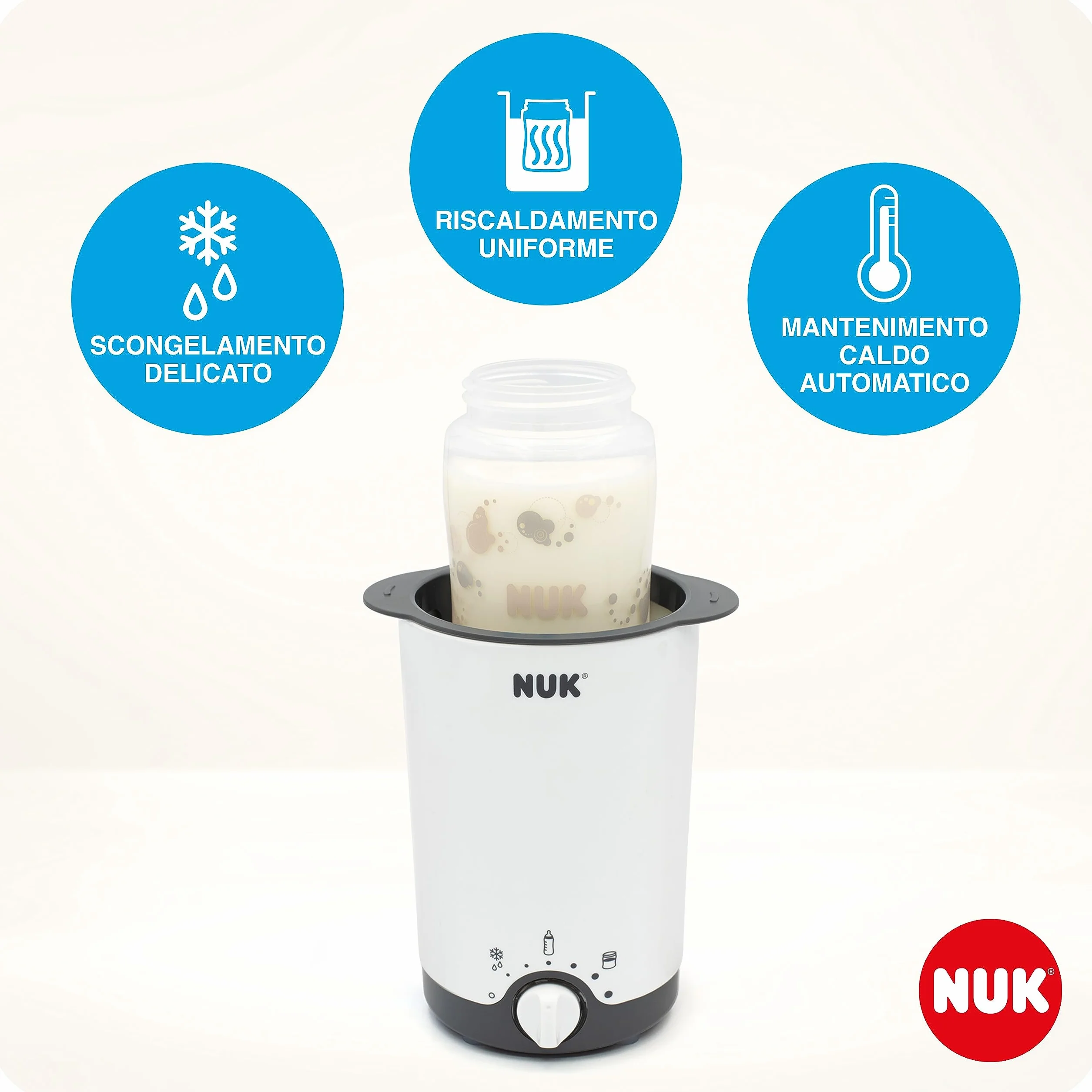 NUK Thermo 3in1 scaldabiberon | Scongela delicatamente, riscalda e mantiene la temperatura di cibi liquidi e morbidi | Cestello estraibile per una semplice rimozione | Spina europea a 2 poli