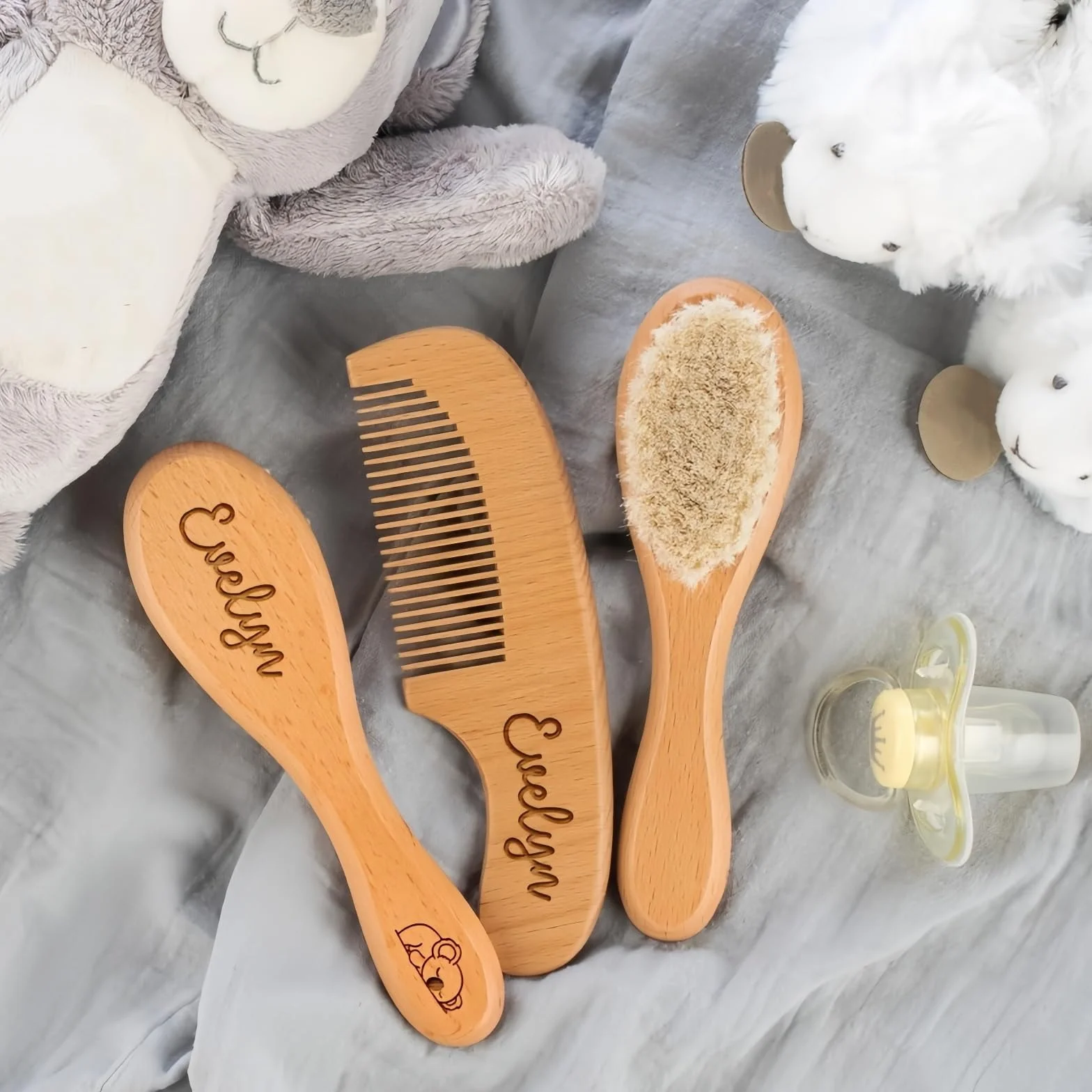 Set Personalizzato Di Spazzola E Pettine Per Bambini, Spazzola In Lana, Pettine In Legno Con Nome E Icona Incisi, Accessori Per Il Bagnetto, Regali Per Neonati