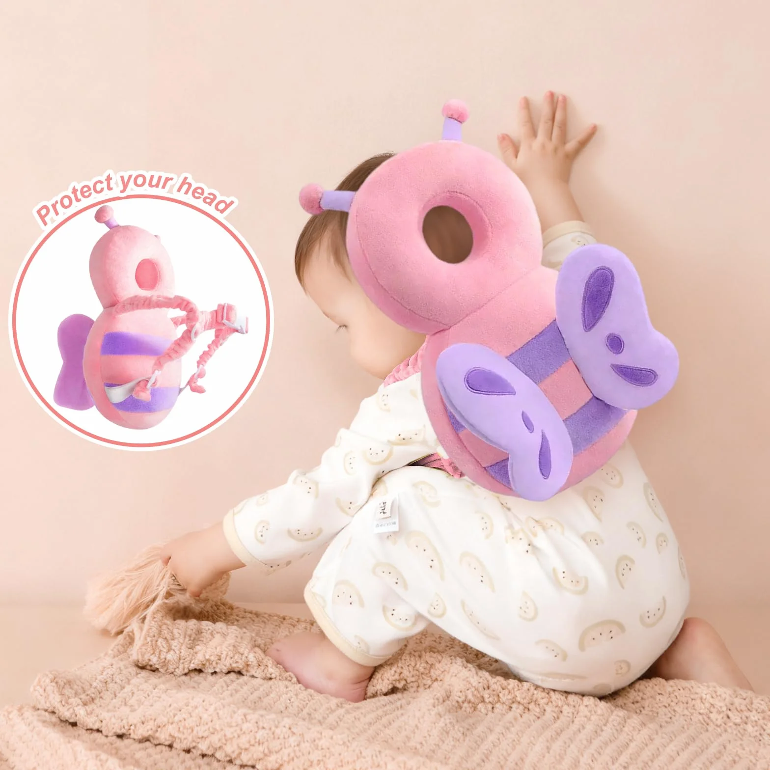 Zaino protettivo per la testa del bambino, cuscinetti di sicurezza regolabili per imparare a camminare, zaino per protezione della testa per bambini da 4 a 24 mesi che gattonano, farfalla in peluche