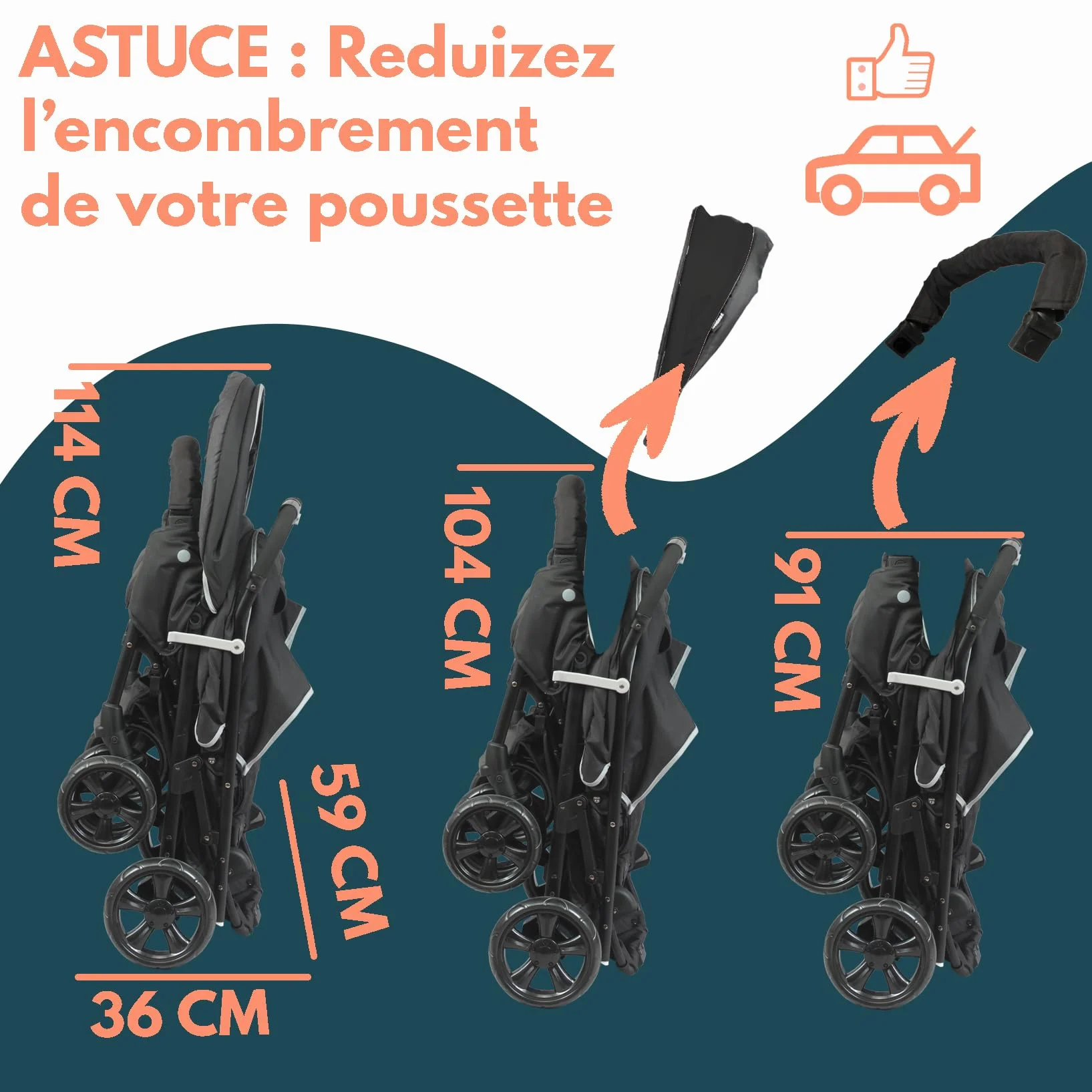 Passeggino gemellare doppio - BAMBISOL - Passeggino doppio combinato + Seggiolino auto I-size - 4 ruote - Nero