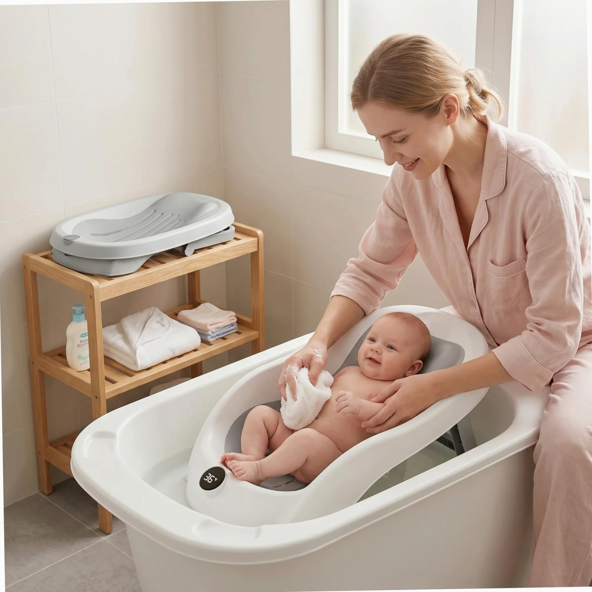 Supporto per bagnetto, vaschetta per il bagnetto con display digitale della temperatura e drenaggio, seggiolino pieghevole per vasca da bagno antiscivolo per neonati (grigio) &1
