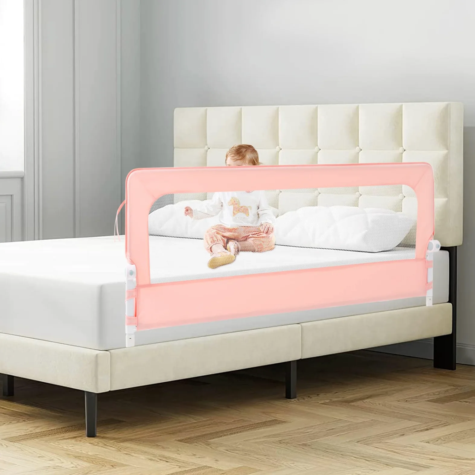 Griglia di protezione per letto pieghevole, per bambini, protezione dal letto, per bambini, 176 x 66 cm (rosa)