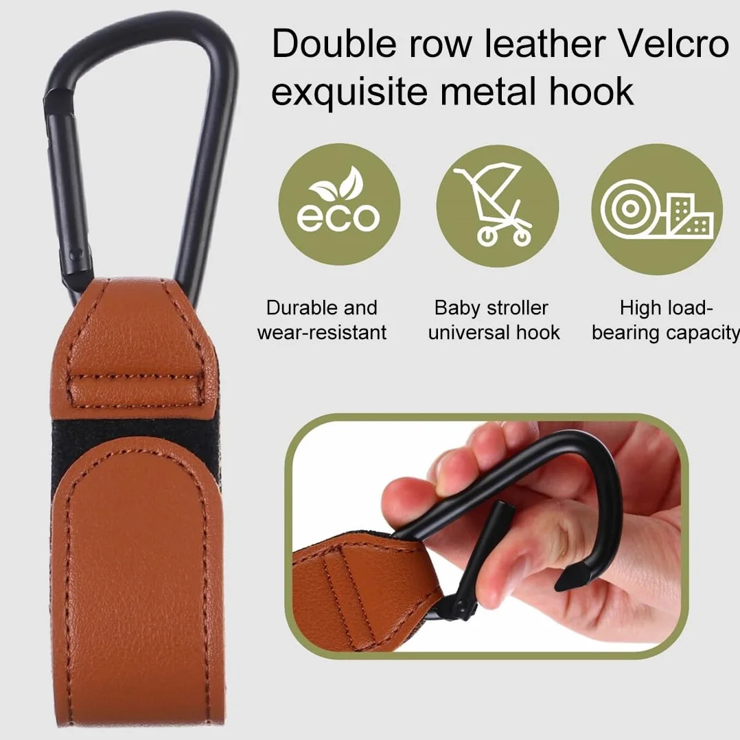 2 Pezzi Ganci Passeggino, Pelle Ganci, Gancio per Borsa Spesa, Ganci per Passeggino Universale, Moschettoni per Carrozzina, Per Carrozzina Bici Auto Carrello Appendi Sacchetti (Marrone/scuro)