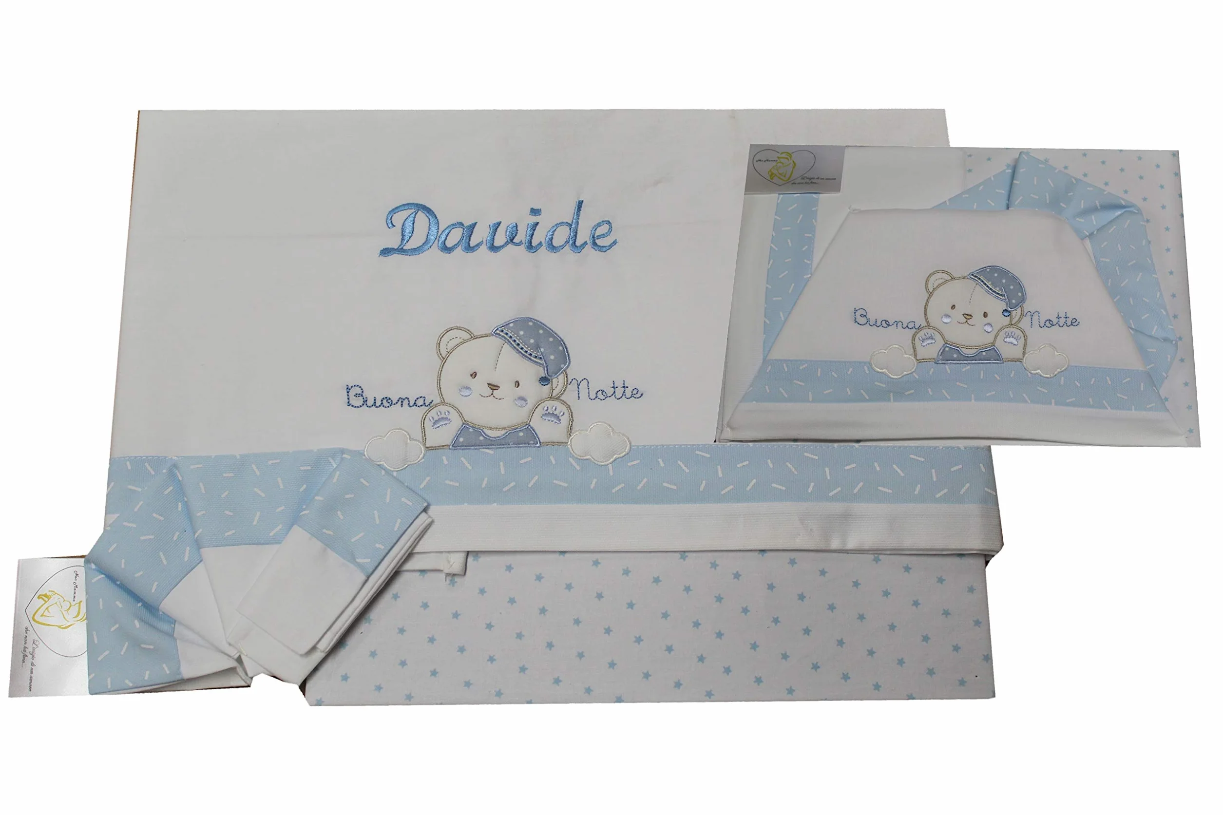 Set per culla in cotone 3 pezzi con ricamo del nome personalizzato. Federa, lenzuolo e coprimaterasso con elastico