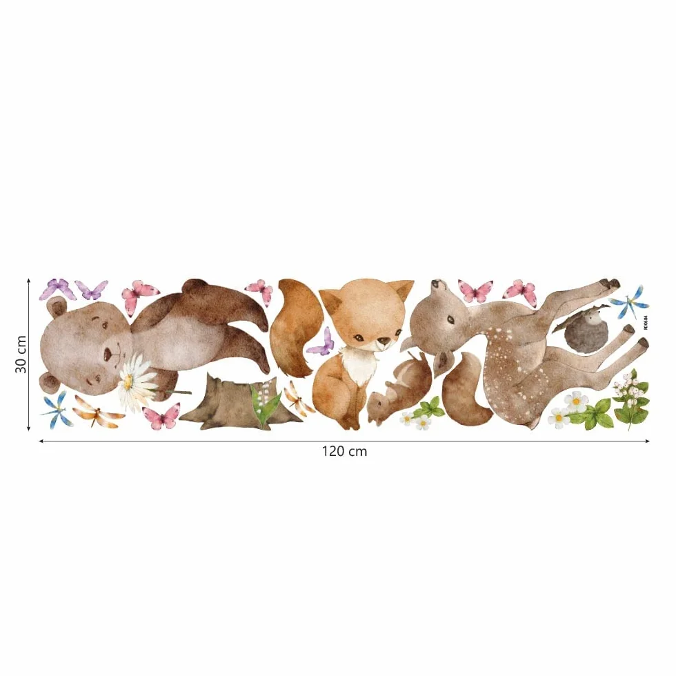 kina - Adesivo Murale Bambini Decorazione Parete Cameretta R00684 - Materiale Eco-Tessuto, Ecologico Anallergico, Riposizionabile, Effetto Carezza, Asilo Nido - Grafica Bosco e Misura 120x30 cm