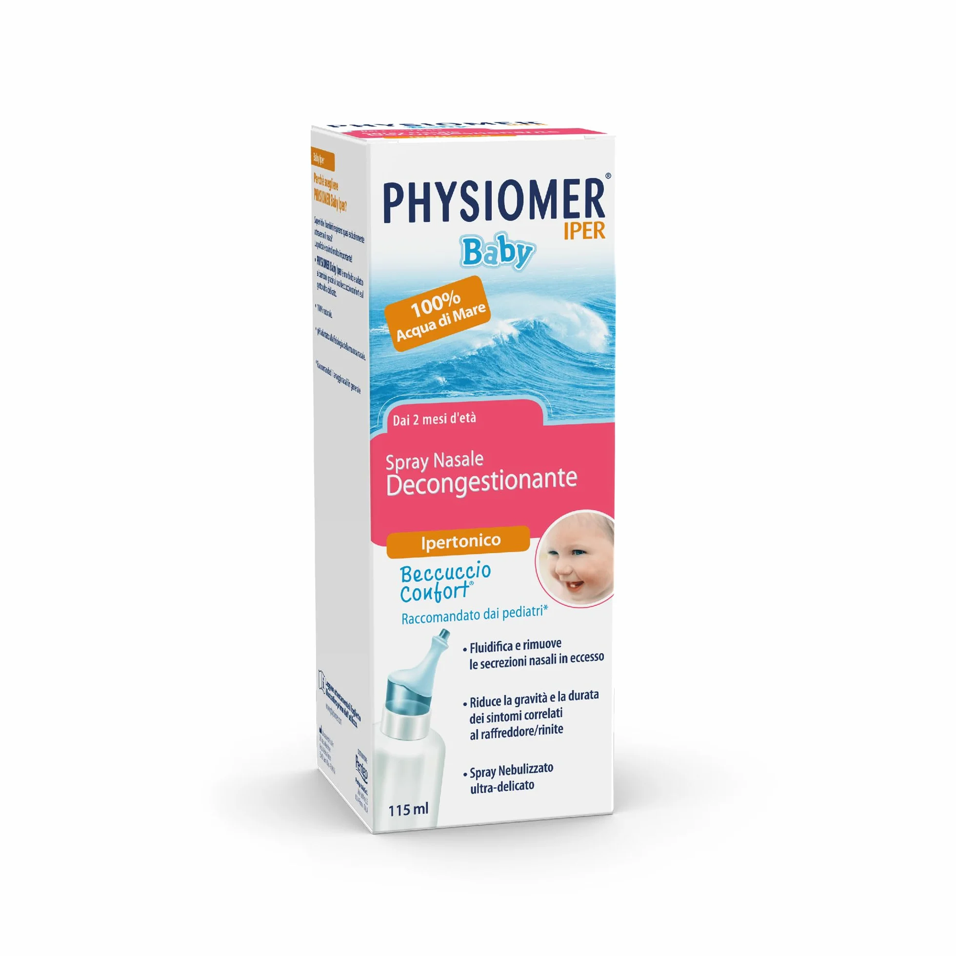 Physiomer® Baby Plus Spray Nasale 115 ml - Congestione Forte - 3in1: Decongestiona │ Allevia │ Ripristina - Acqua di mare pura al 100%│ Elevata concentrazione di Sali │ Dai 2 mesi di età│ Comfort Tip®