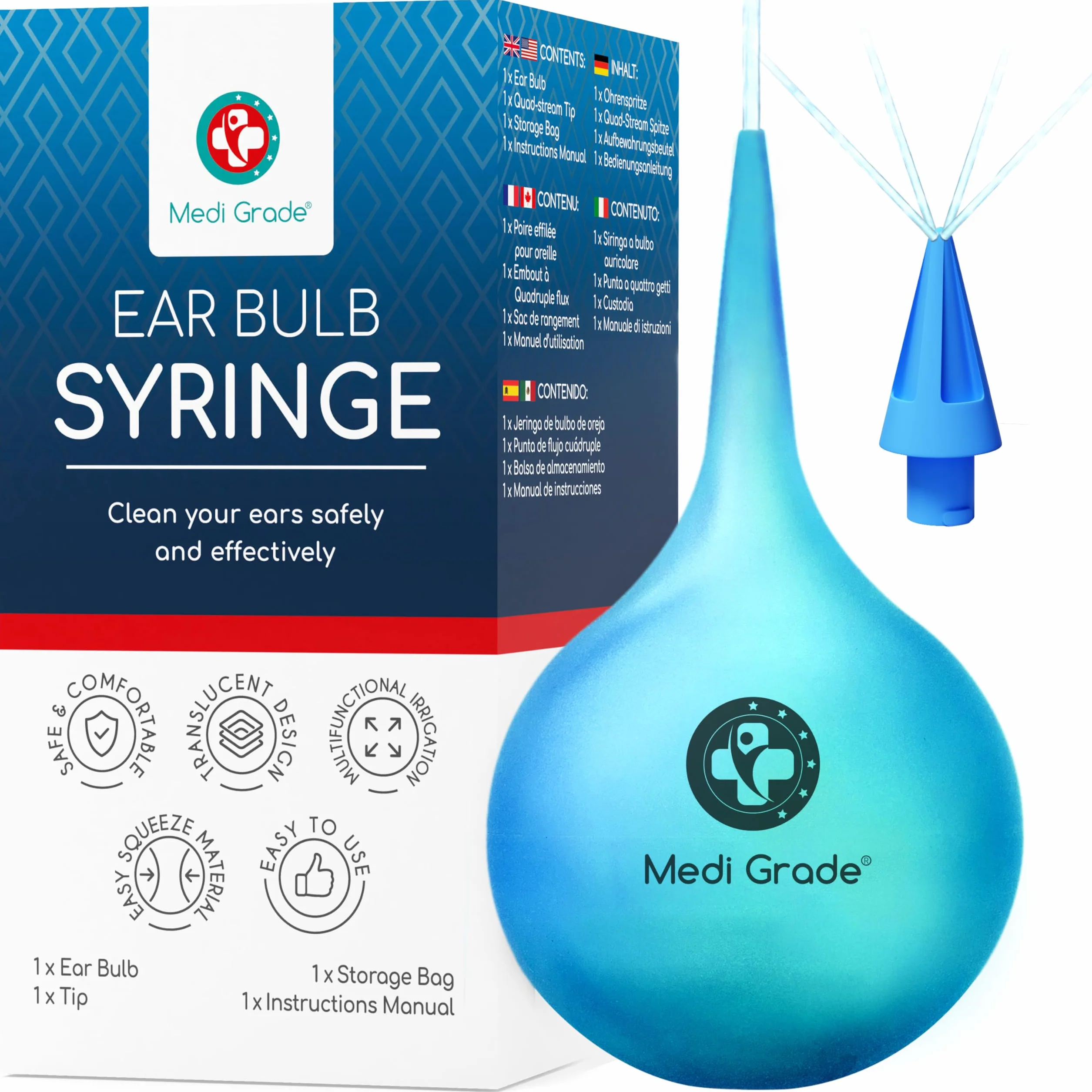Kit Pulisci Orecchie da 75ml, Kit per Pulizia Orecchie con Punta a Getto Quadruplo, Kit Togli Cerume Orecchie con Siringa a Bulbo, Siringhe Auricolari