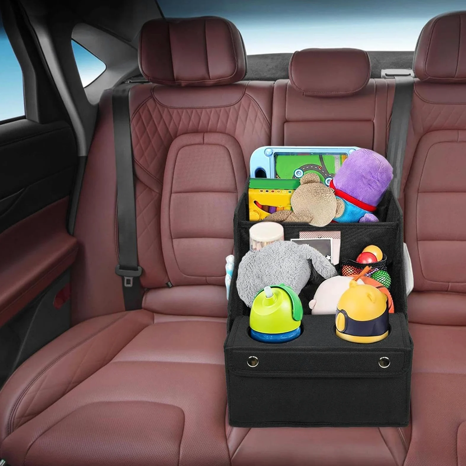 Generisch Organizer per sedili posteriori, organizer per auto con | scomparti multipli | Organizer per sedili auto con 4 scomparti e 2 portabevande per bambini in viaggio