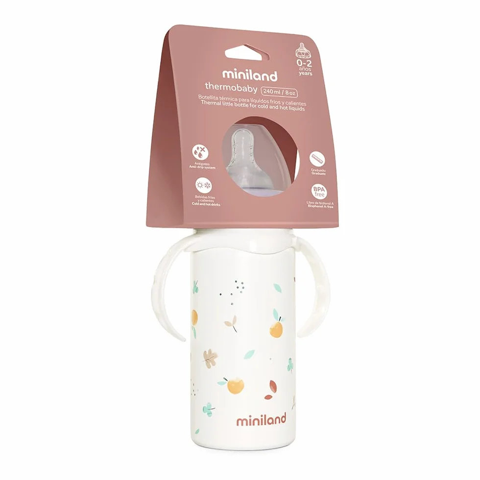 Miniland Thermobaby Valencia 240ml. Thermos da 240 ml in acciaio inox con tettarella, doppio strato di acciaio, che mantiene la temperatura della bevanda fredda e calda per ore.