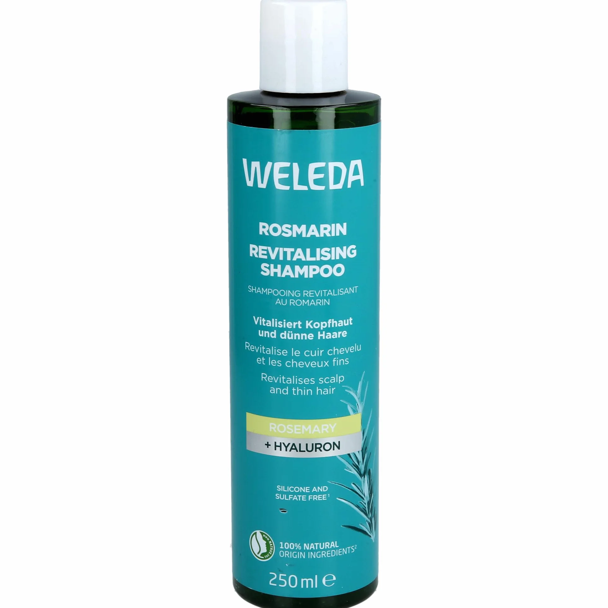 WELEDA Shampoo Rivitalizzante al Rosmarino, Con olio di rosmarino biologico e acido ialuronico, rivitalizza e idrata i capelli e il cuoio capelluto (1x250ml)