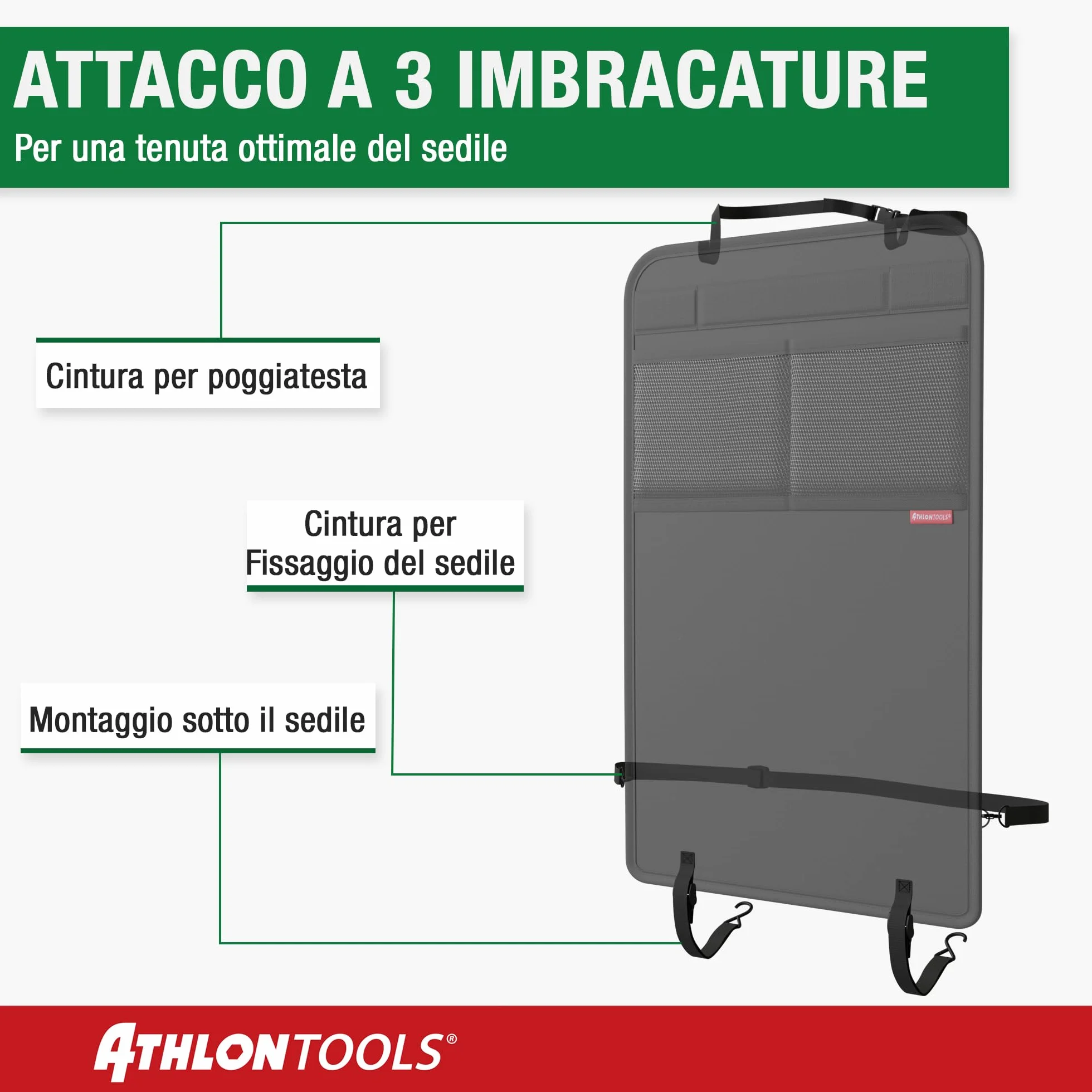 ATHLON TOOLS tappetino di protezione dello schienale rivestito, tappetino di protezione dello schienale dell'auto - con tasche in rete - repellente allo sporco