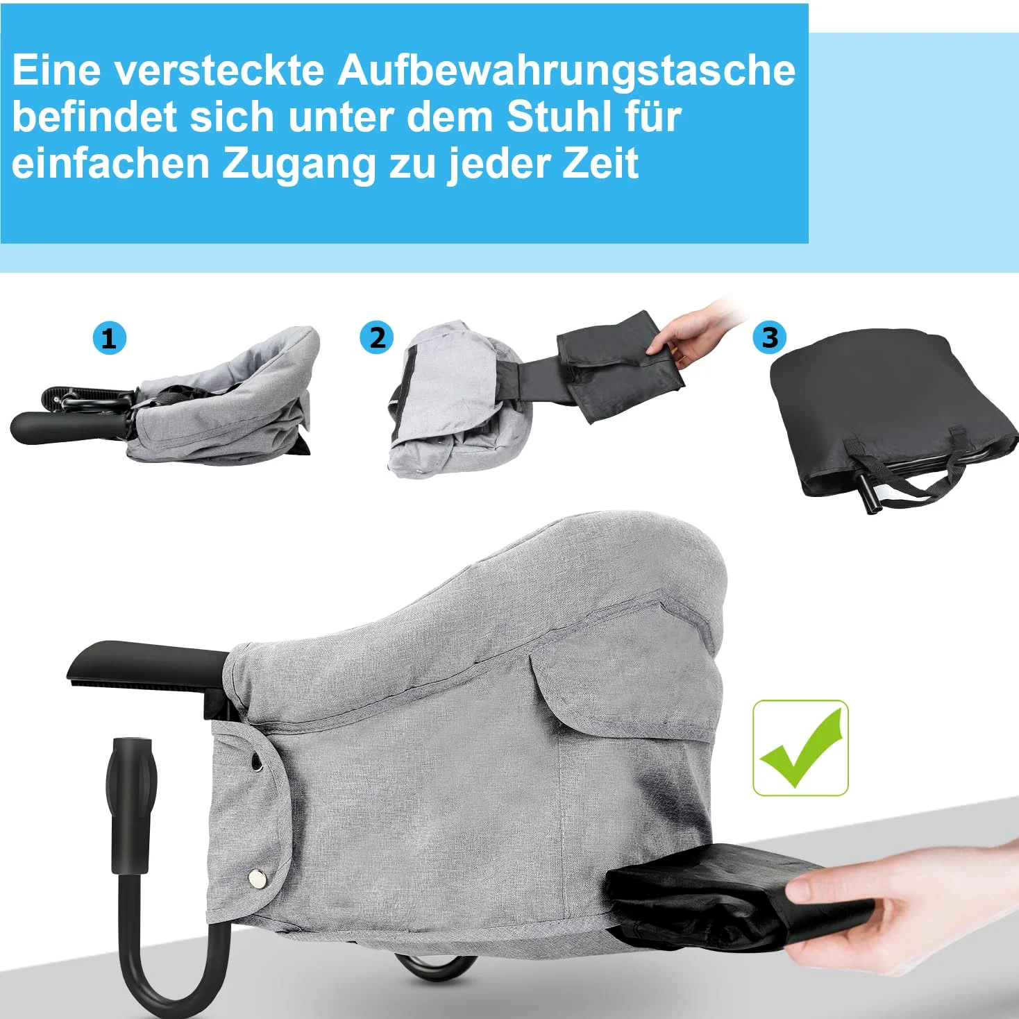 Herrselsam Seggiolino pieghevole per bambini, seggiolone per bambini, seggiolino da tavolo per bambini per casa e viaggi con borsa da trasporto, caricabile fino a 18 kg (grigio)