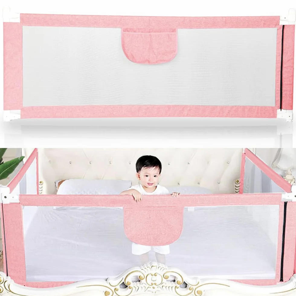 Sponda da Letto 150/180/200 cm (4,9 FT/5,9 FT/6,6 FT), Sponda Letto per Bambini Barriera di Sicurezza Universale Anticaduta con 1 Tasca Barriera Letto da Viaggio (180 cm/5,9 FT, Rosa)