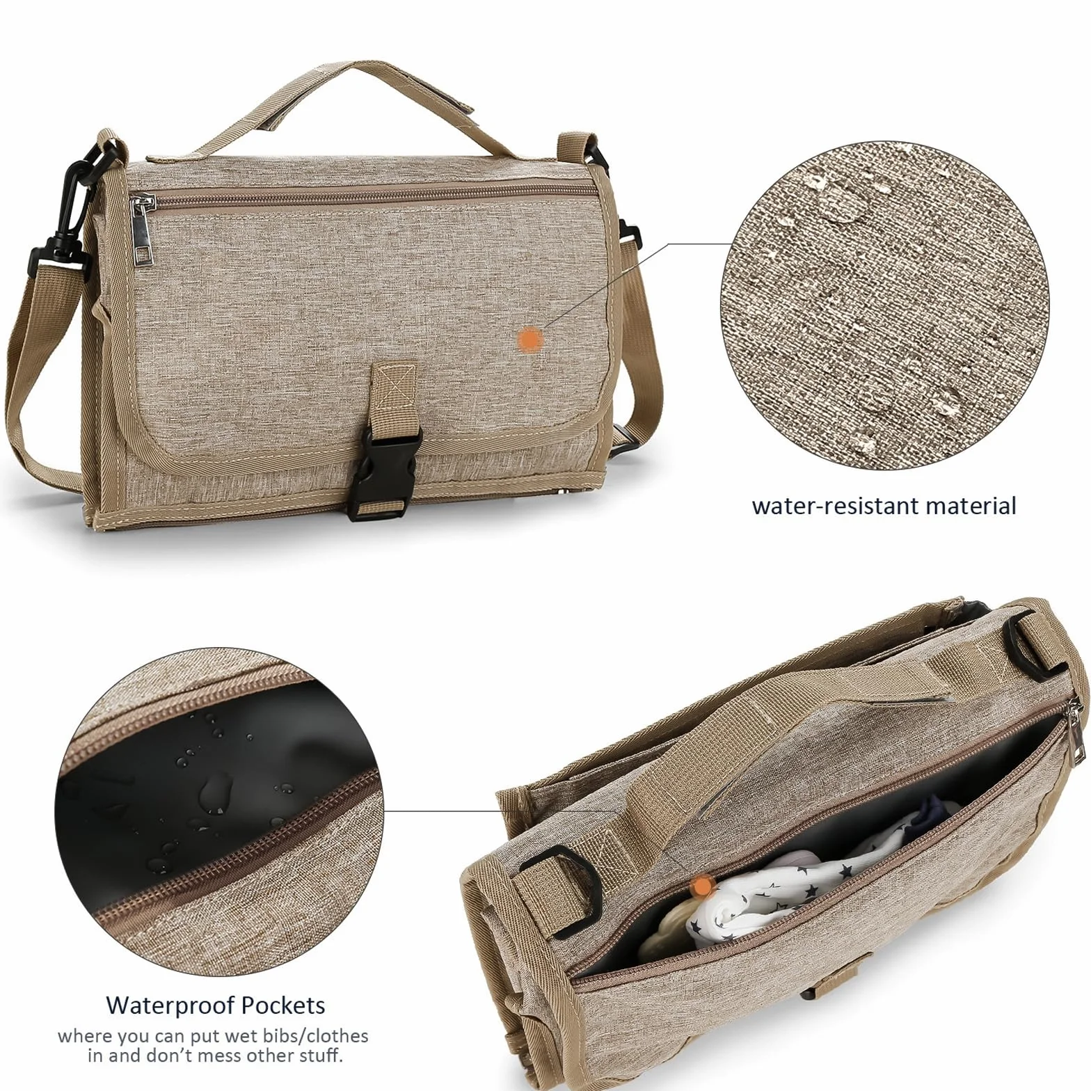 Bebamour Fasciatoio portatile con salviettine tascabili da viaggio con cuscino per la testa per neonati impermeabile pannolini fasciatoio essenziali per neonati,Khaki