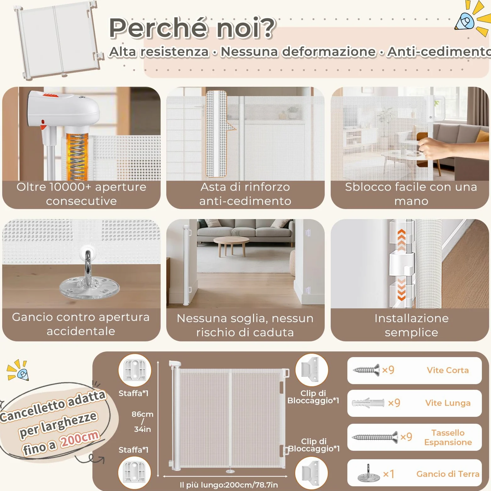 Ycozy Cancelletto per Bambini Scale Senza Foratura 0-200cm Cancelletto per Cani con Barra di Supporto，Retrattile Cancello Bambini Adatto per Scale Interni Esterni