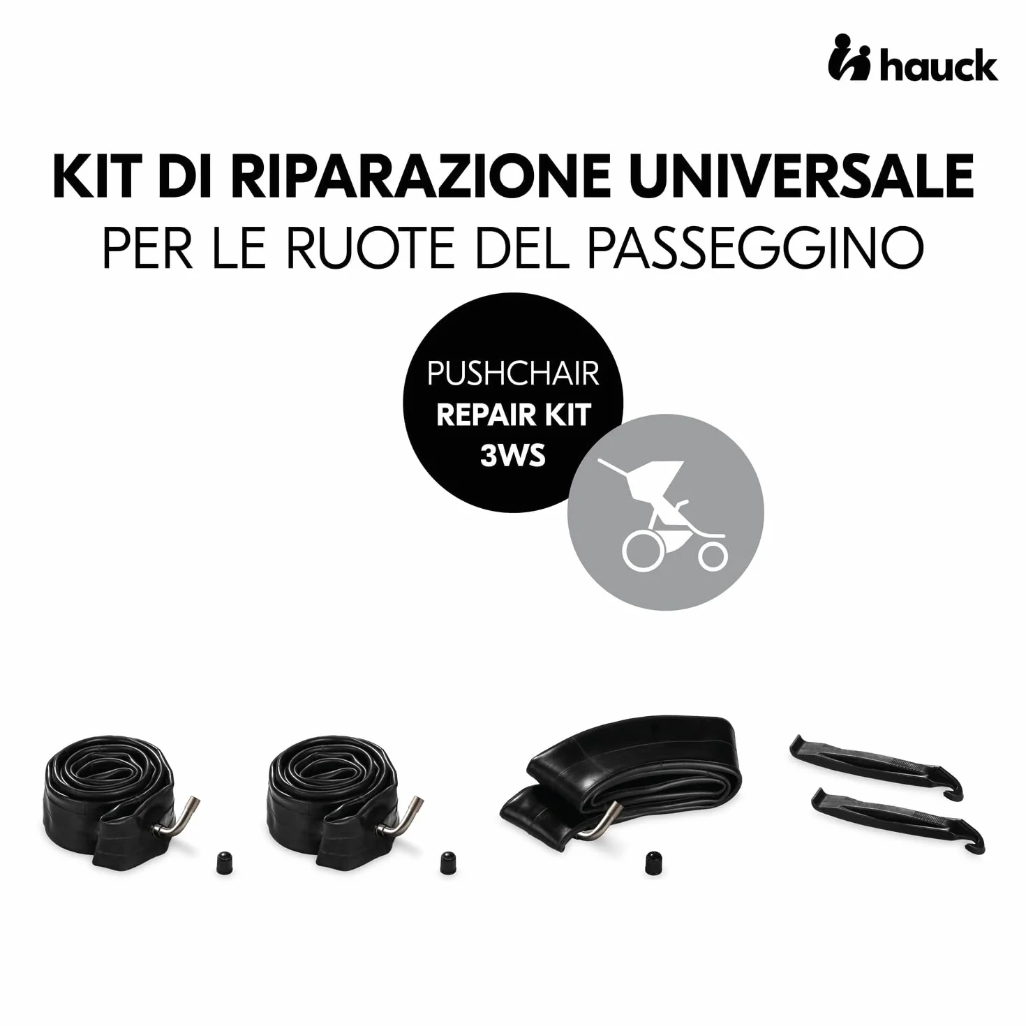 hauck Kit Riparazione Gomme per Passeggini 3 Ruote - 2 Camere D'Aria da 12" e 1 da 10" e Leve Cacciagomme - Kit Riparazione Ruote Per Passeggino come il Rapid 3 Air di hauck - Nero